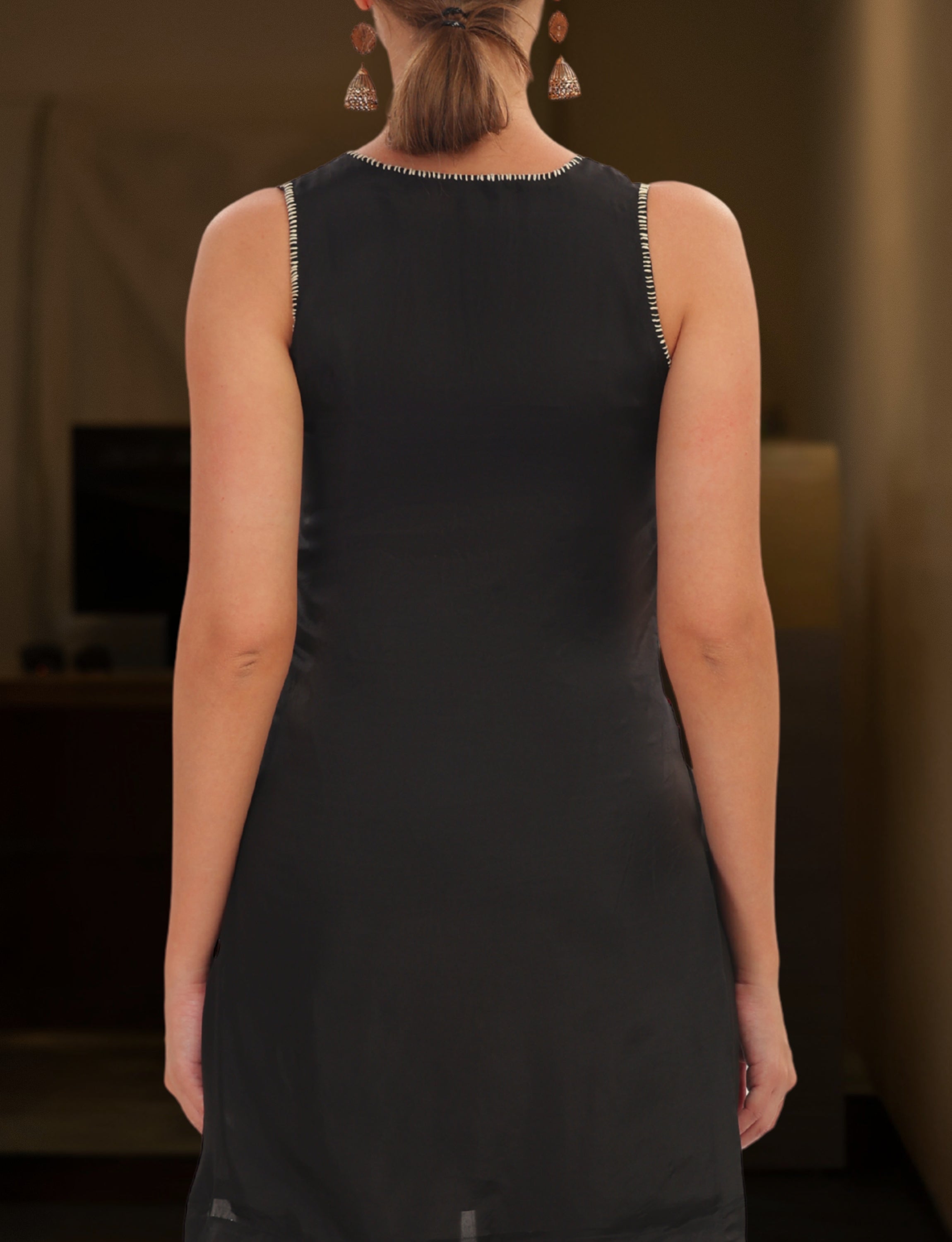 Black Silk Embroidered Short Kurta