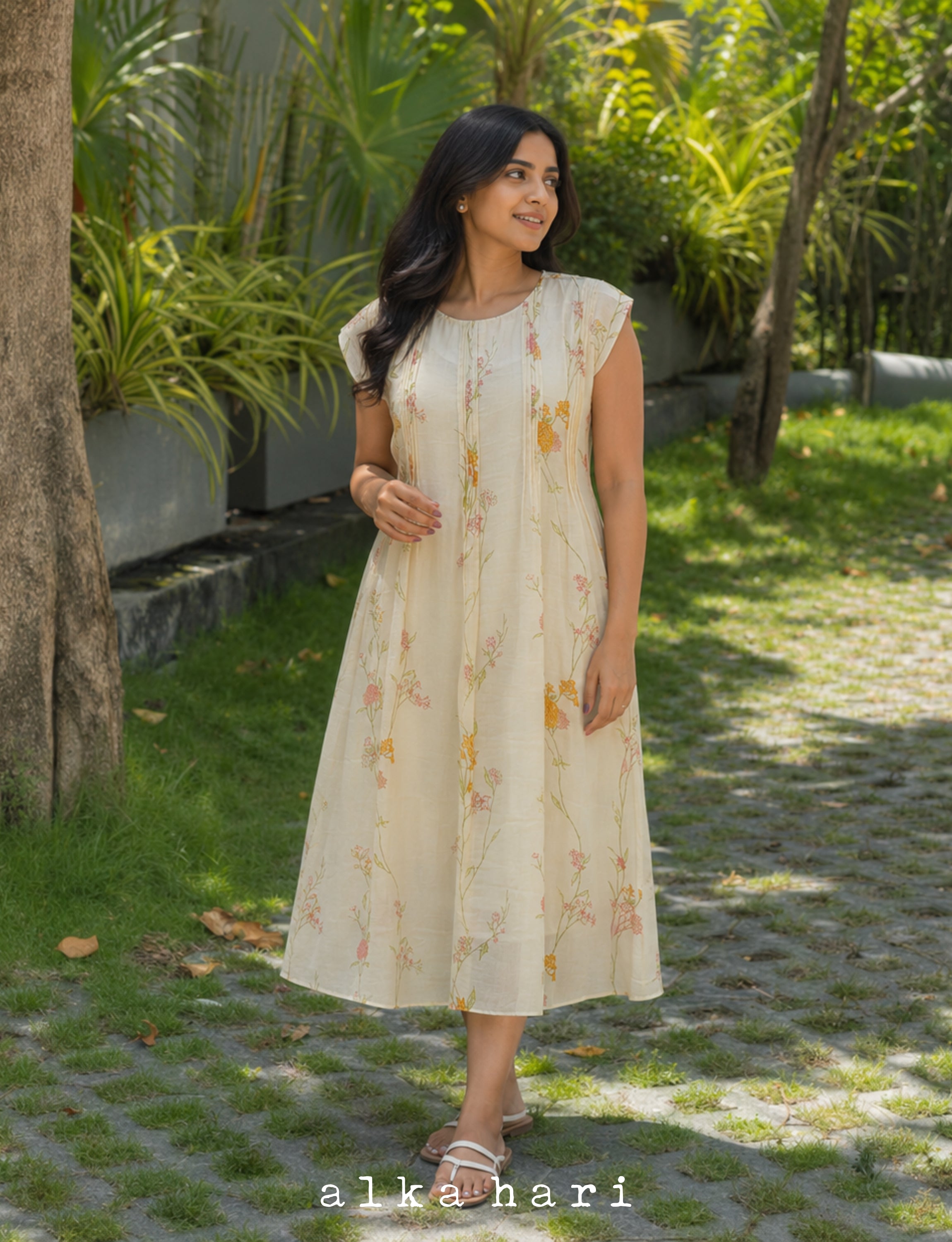 Off White Floral Chanderi Dress with Pintucks