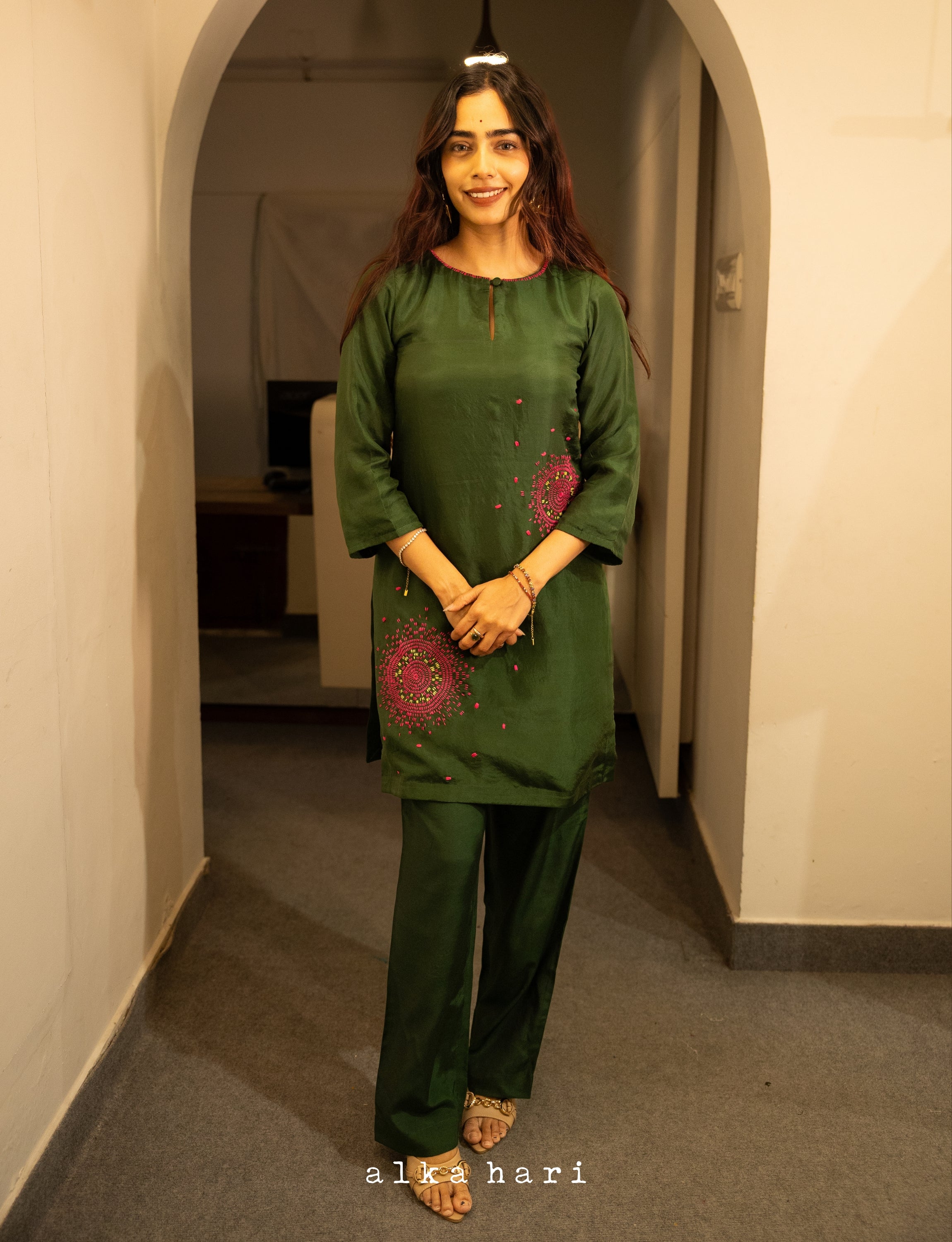 Dark Green Silk Embroidered Short Kurta