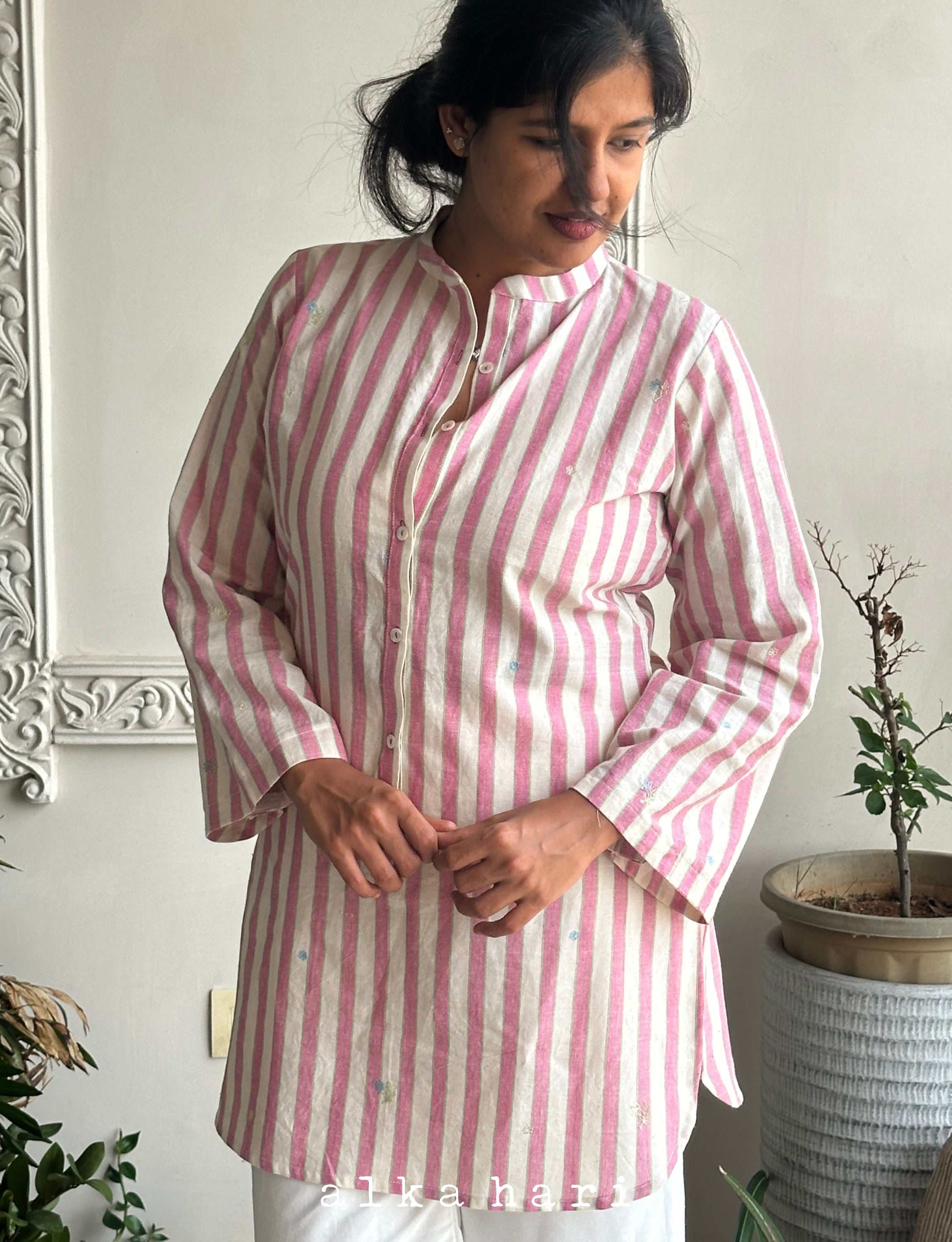 Pink and White Stripped Handloom Tunic