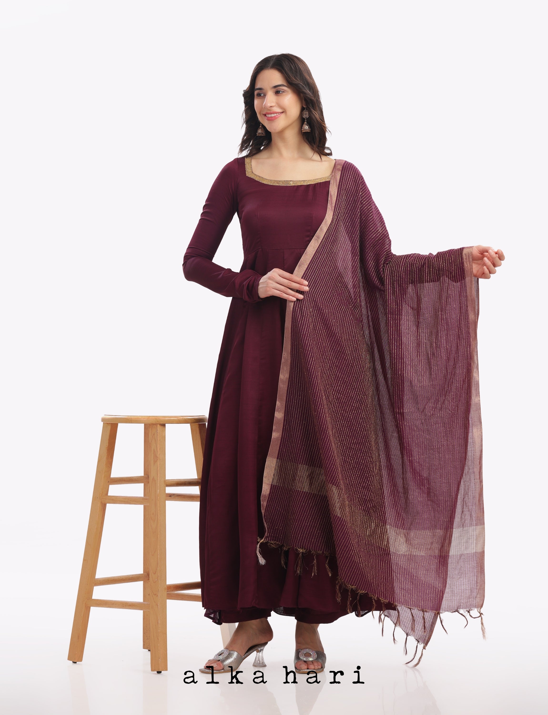 Wine Anarkali with Churi Sleeves