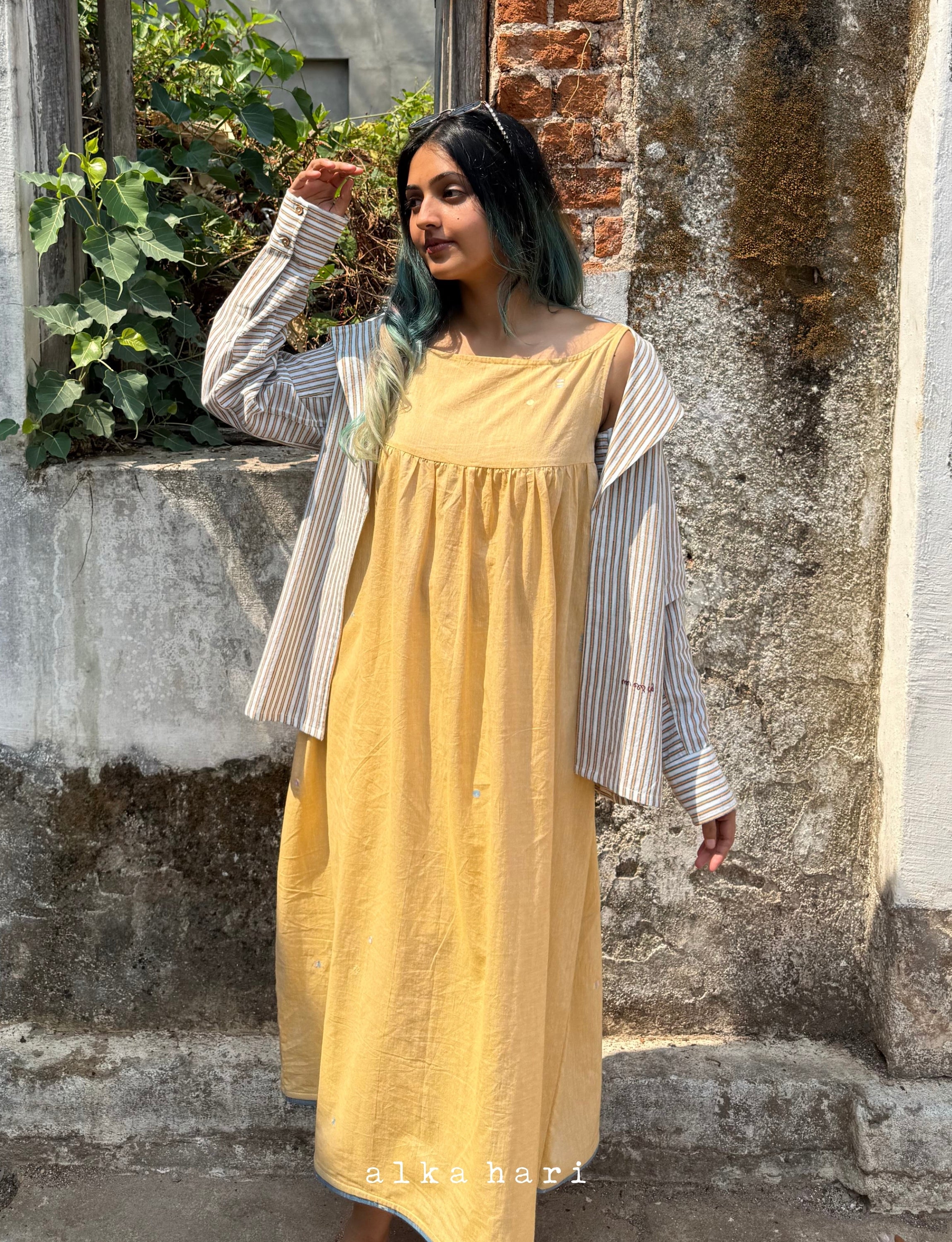 Pastel Yellow Embroidered Gathered Dress