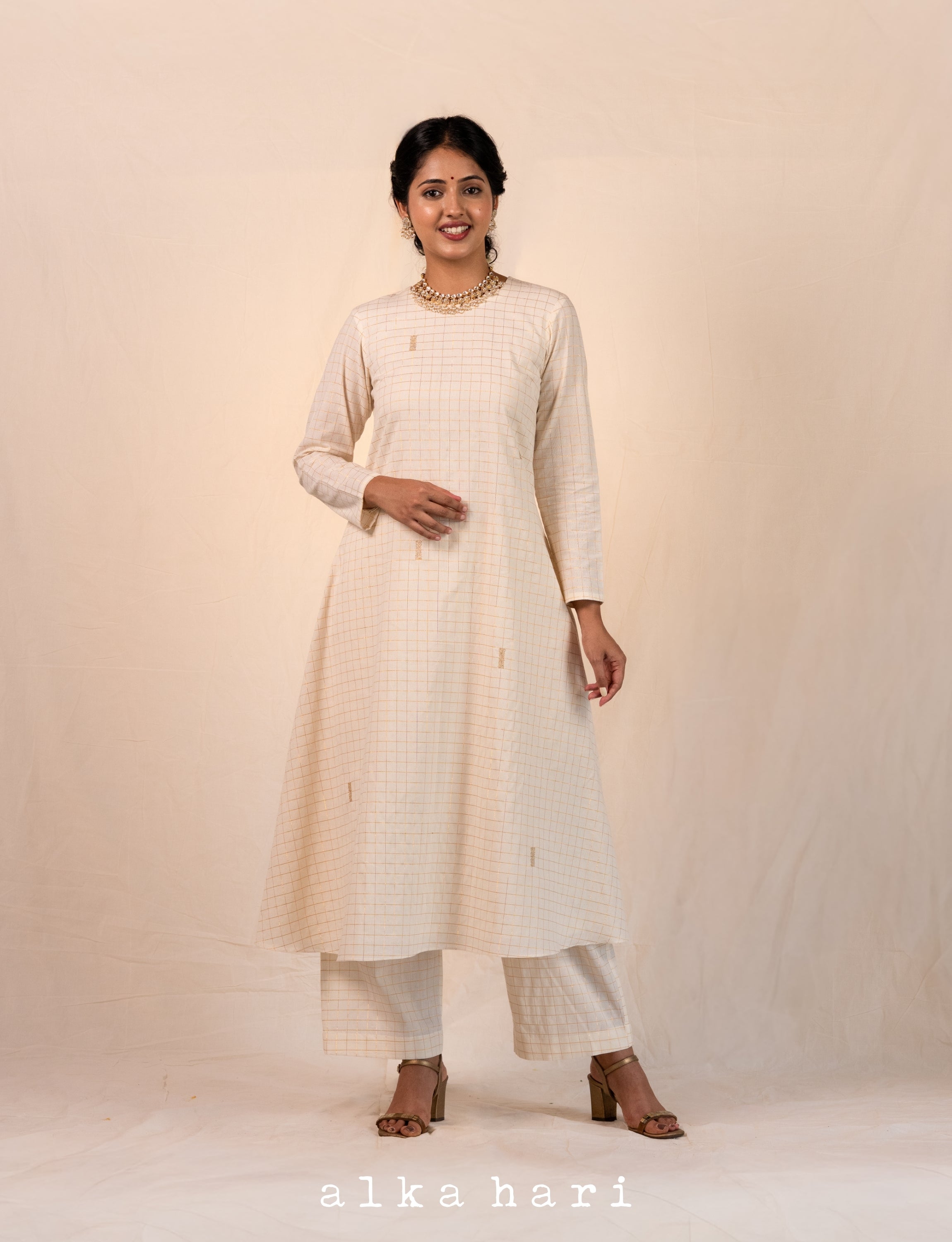 Off White Golden Checkered Anarkali