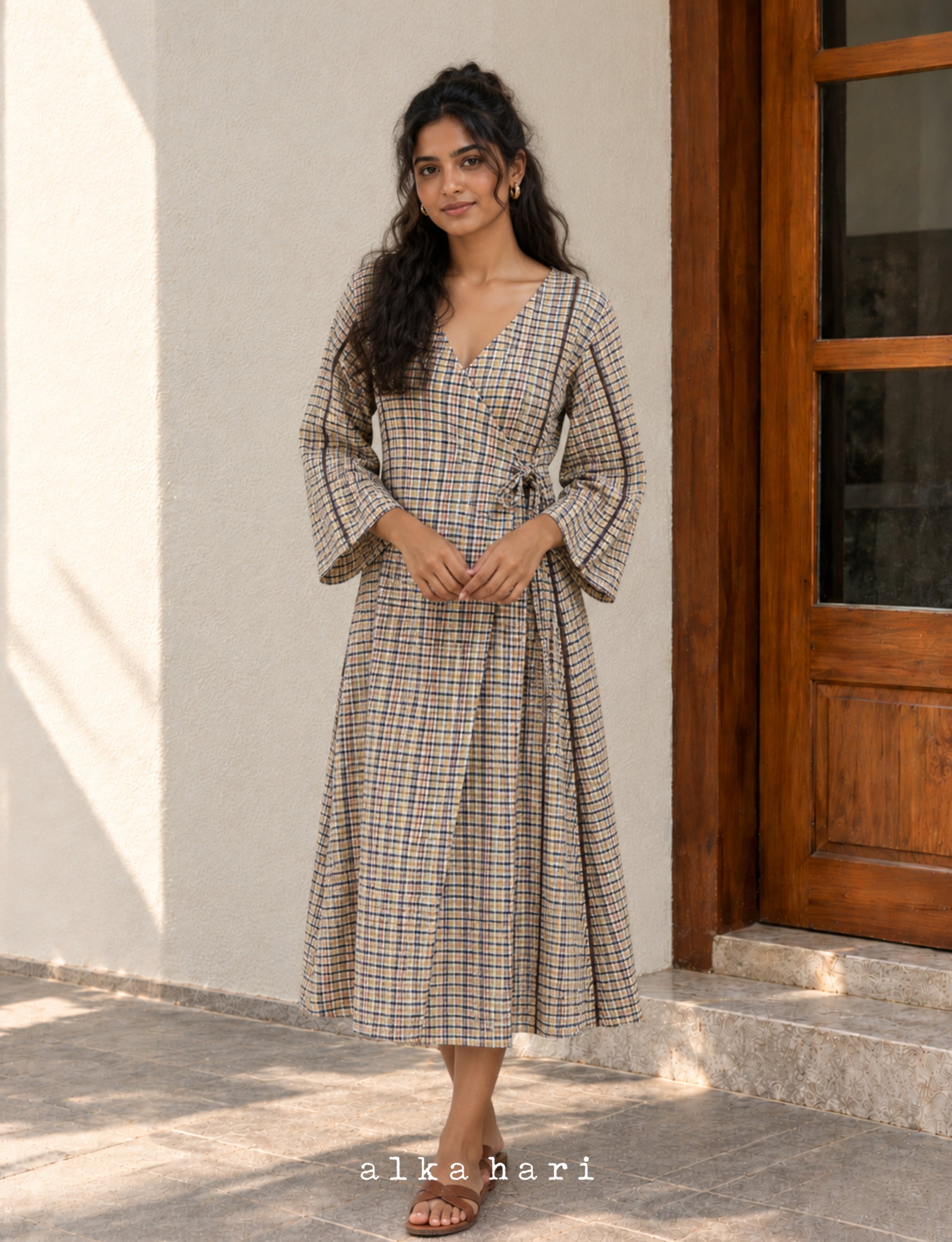 Multicolored Handloom Checks Wrap Around Dress