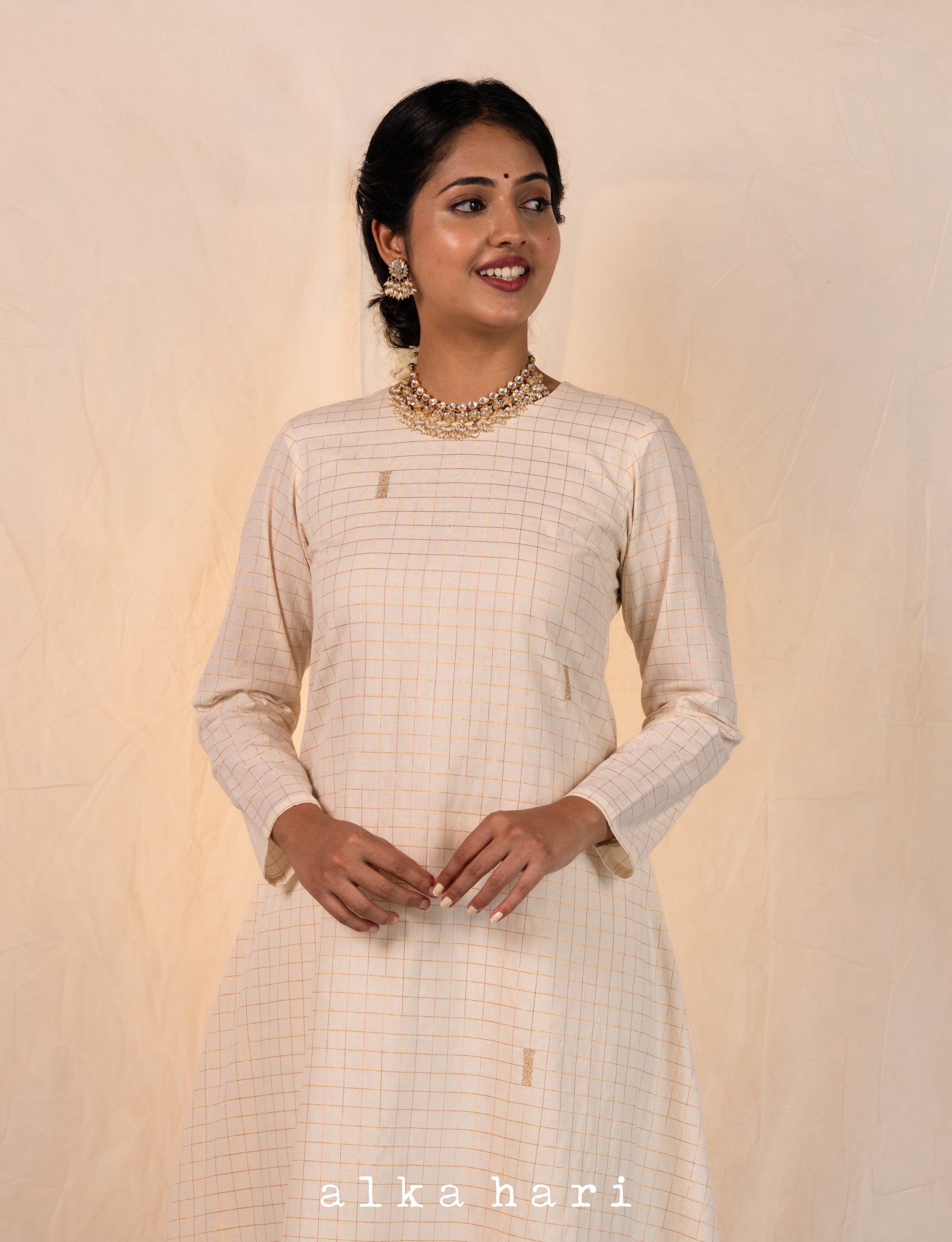 Off White Golden Checkered Anarkali