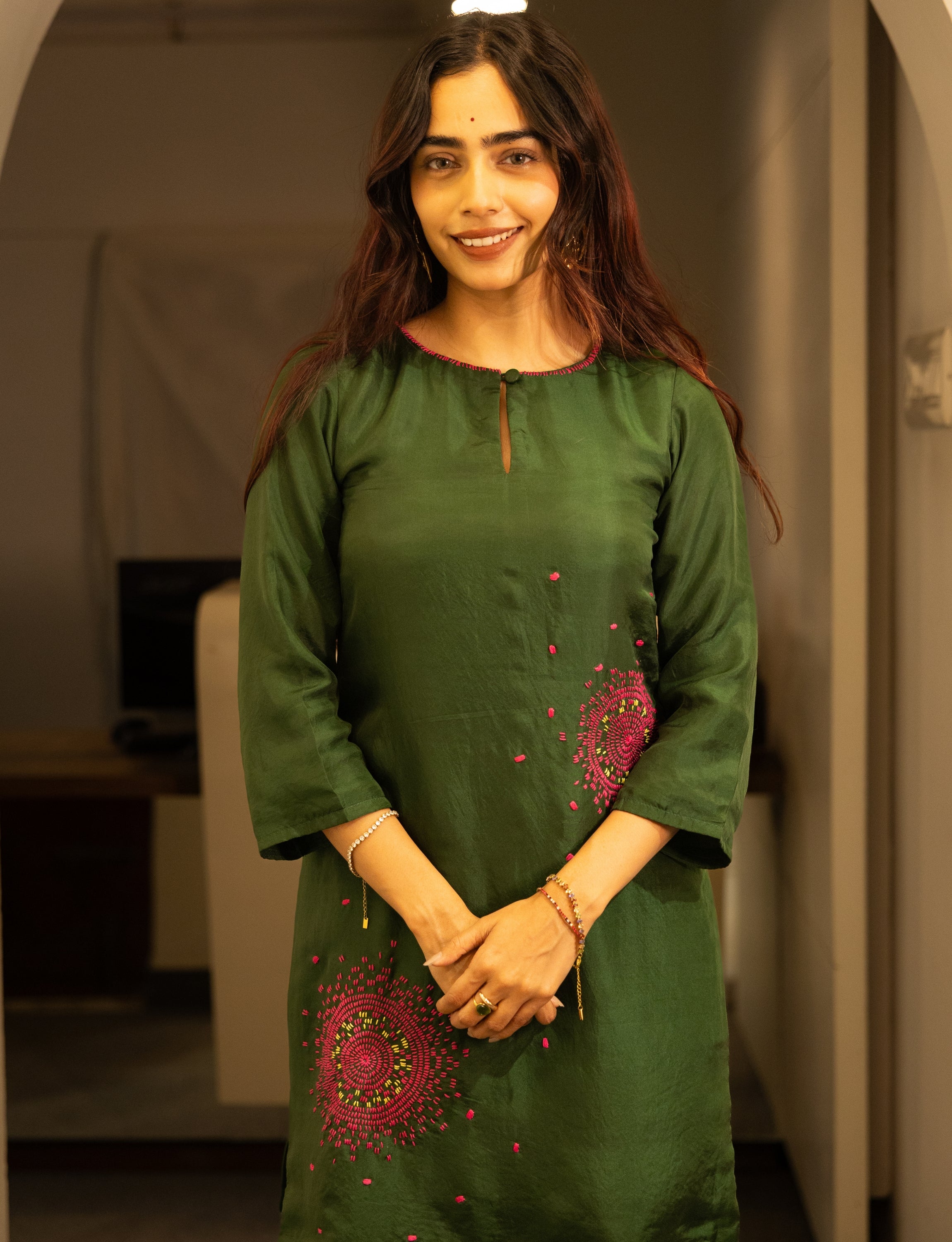 Dark Green Silk Embroidered Short Kurta