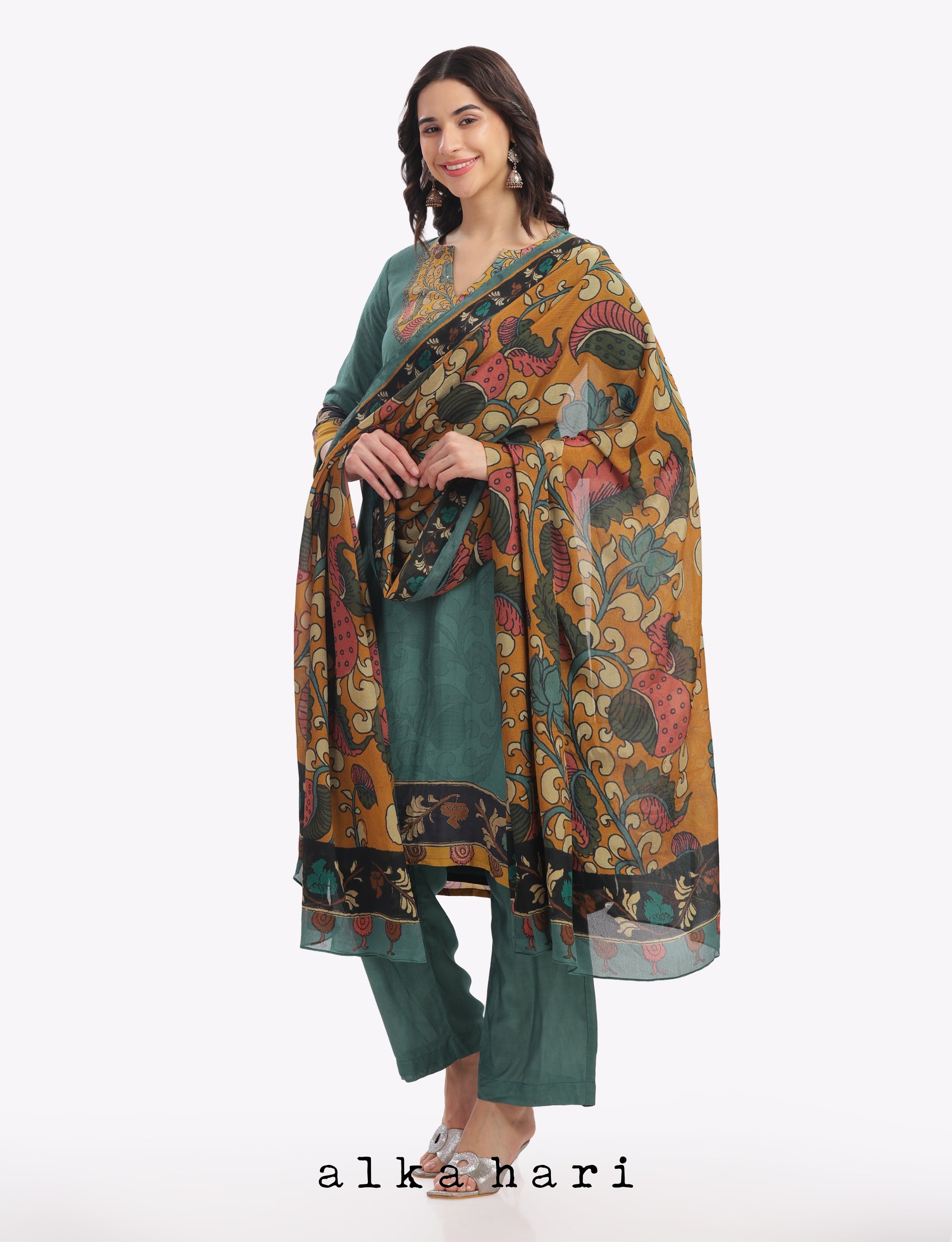 Teal Kalamkari Printed Kurta