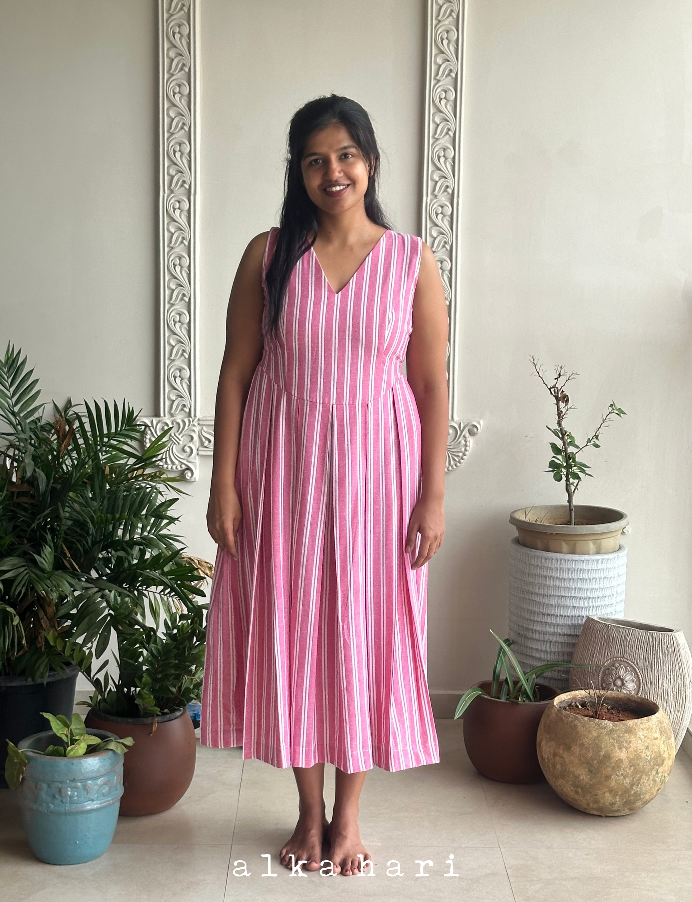 Pink and White Stripped Dress with Pockets