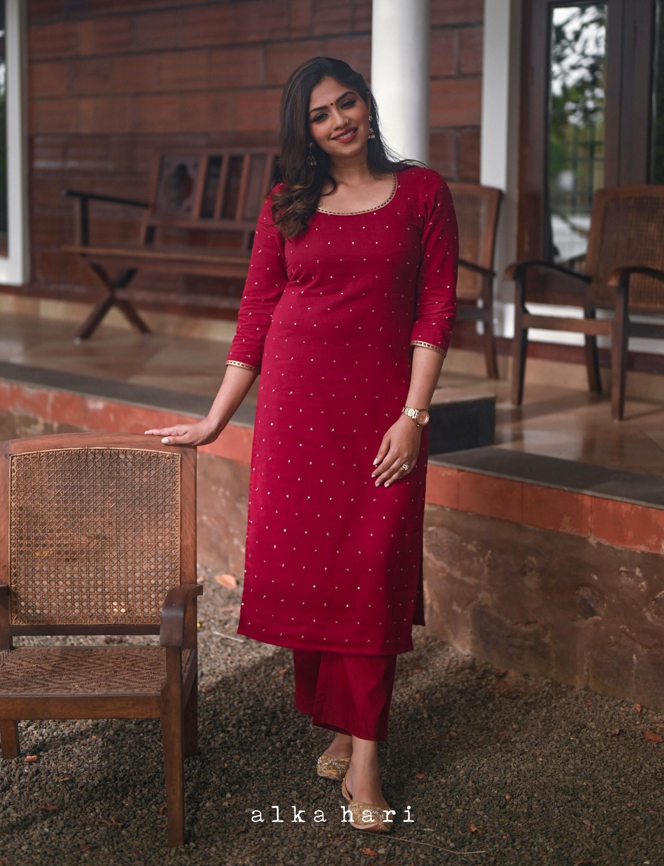 Bright Maroon Embroidered Kurta