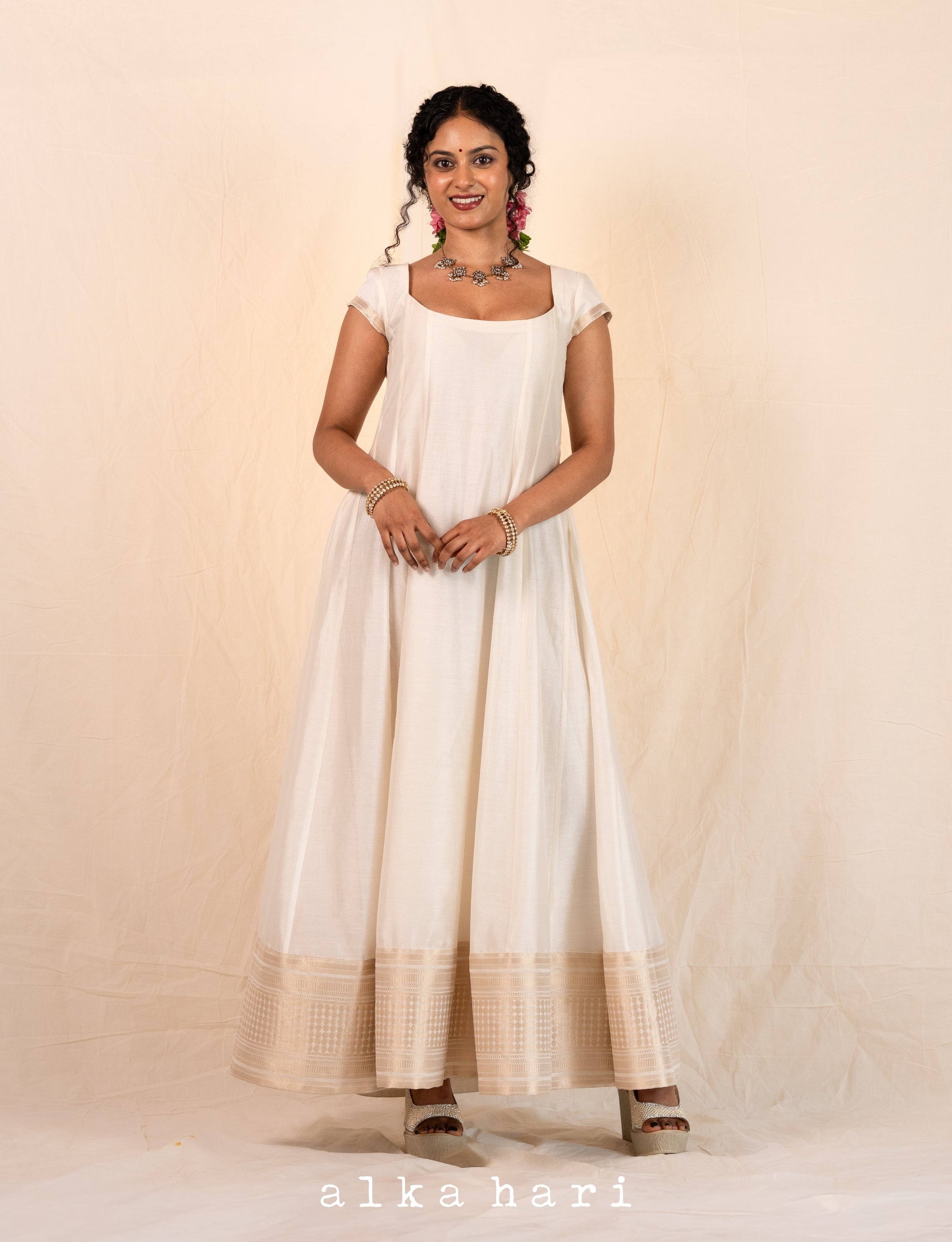 Off White Chanderi Silk Dress with Intricate Border