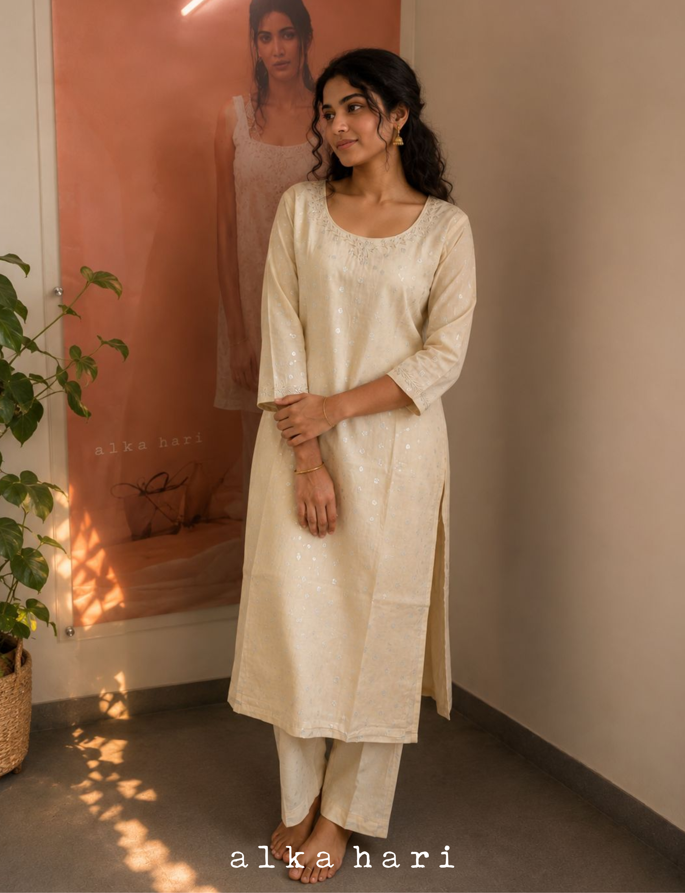Off White Embroidered Kurta with Silver Butta
