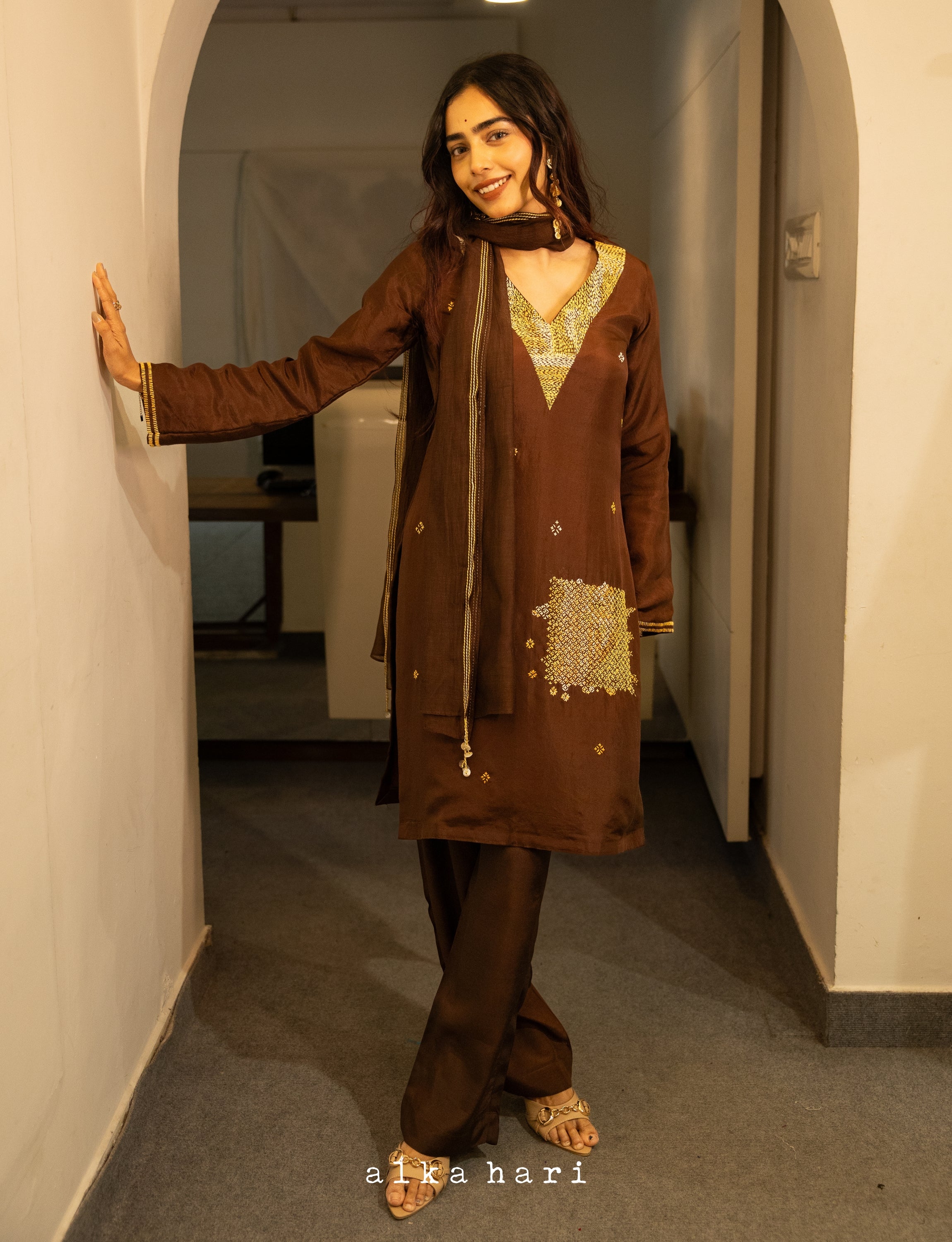 Brown Silk Embroidered Short Kurta