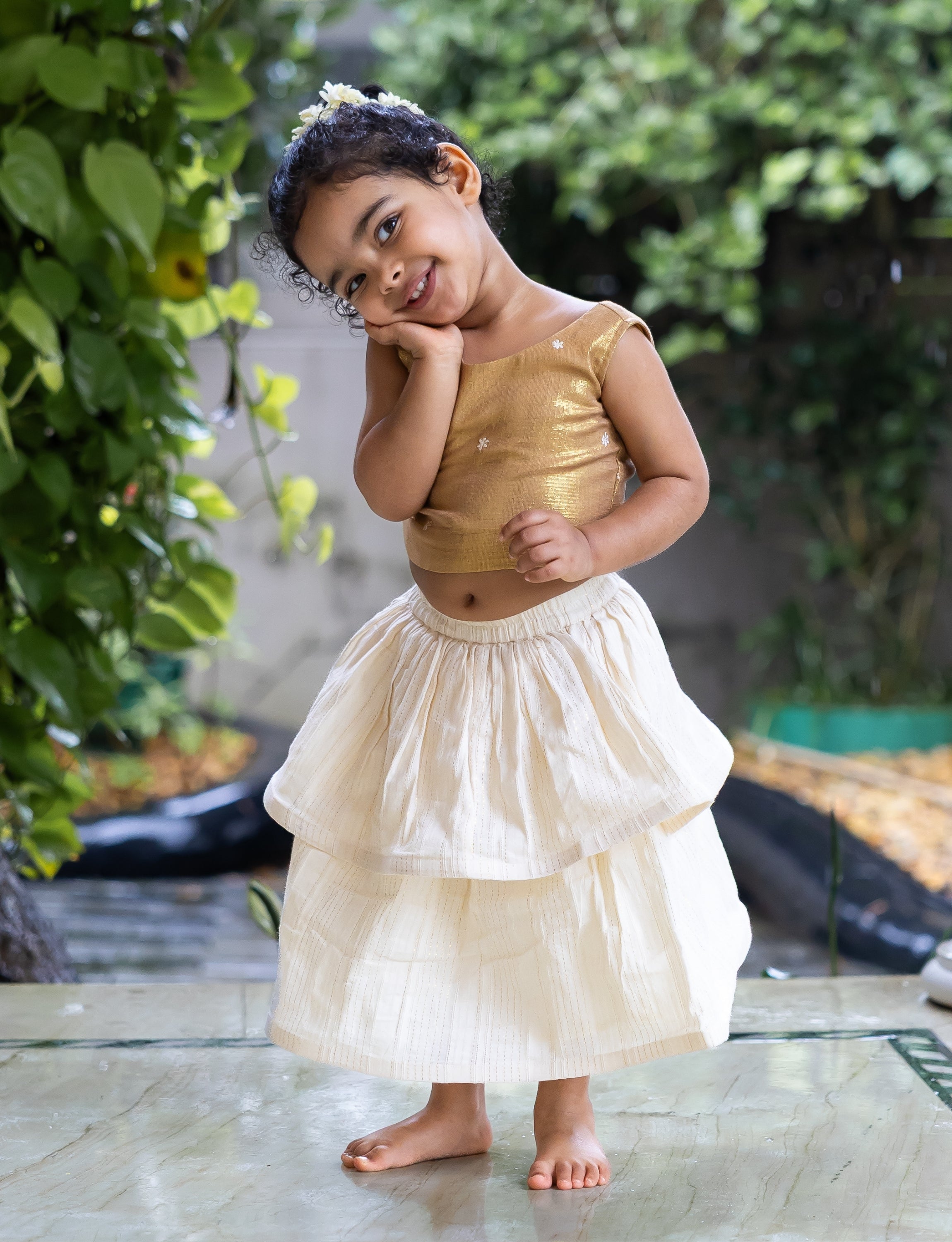 Golden Back-Tie Crop Top with Layered Skirt