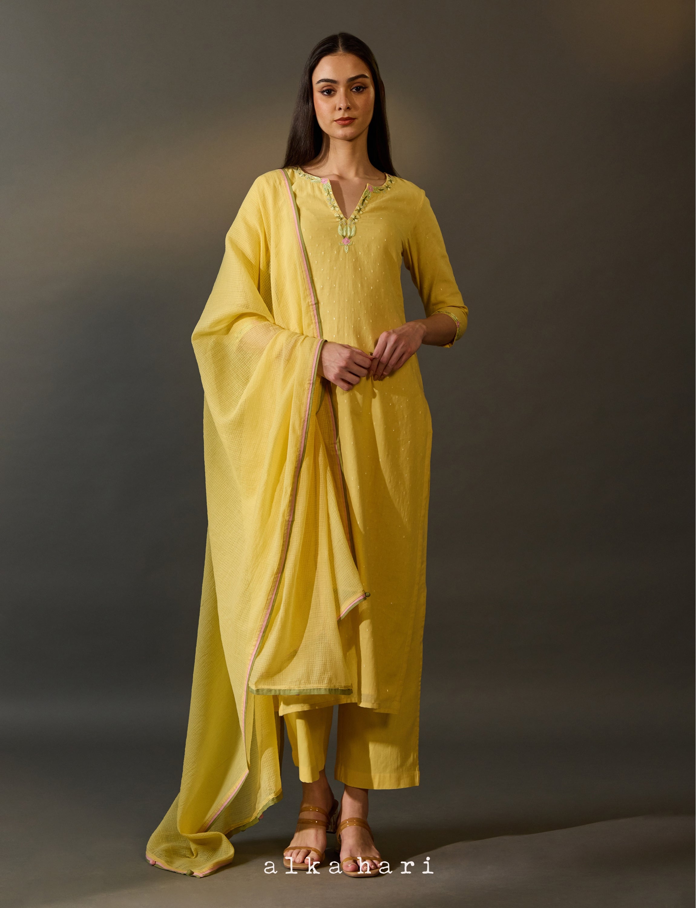 Pastel Yellow Cotton Embroidered Kurta