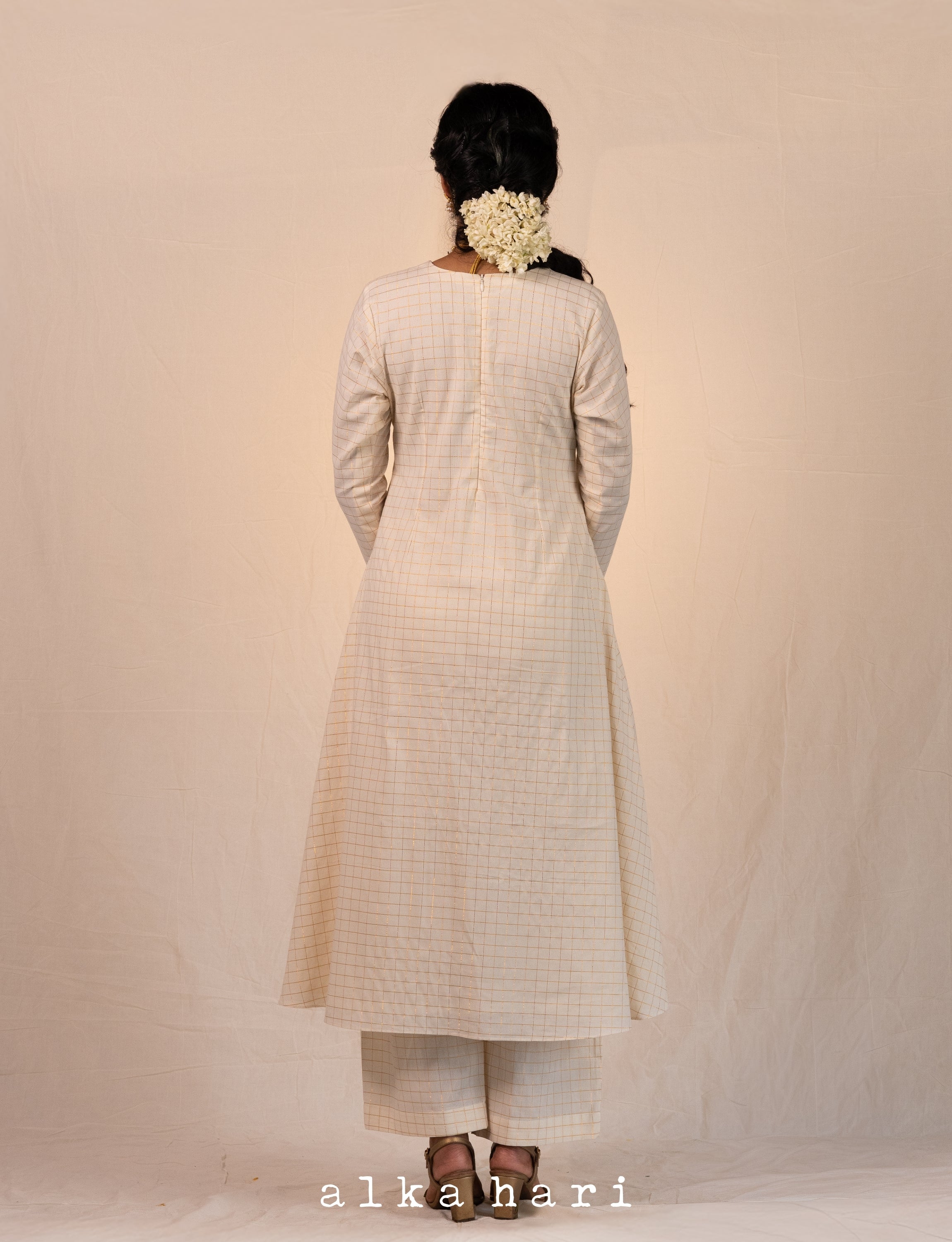 Off White Golden Checkered Anarkali