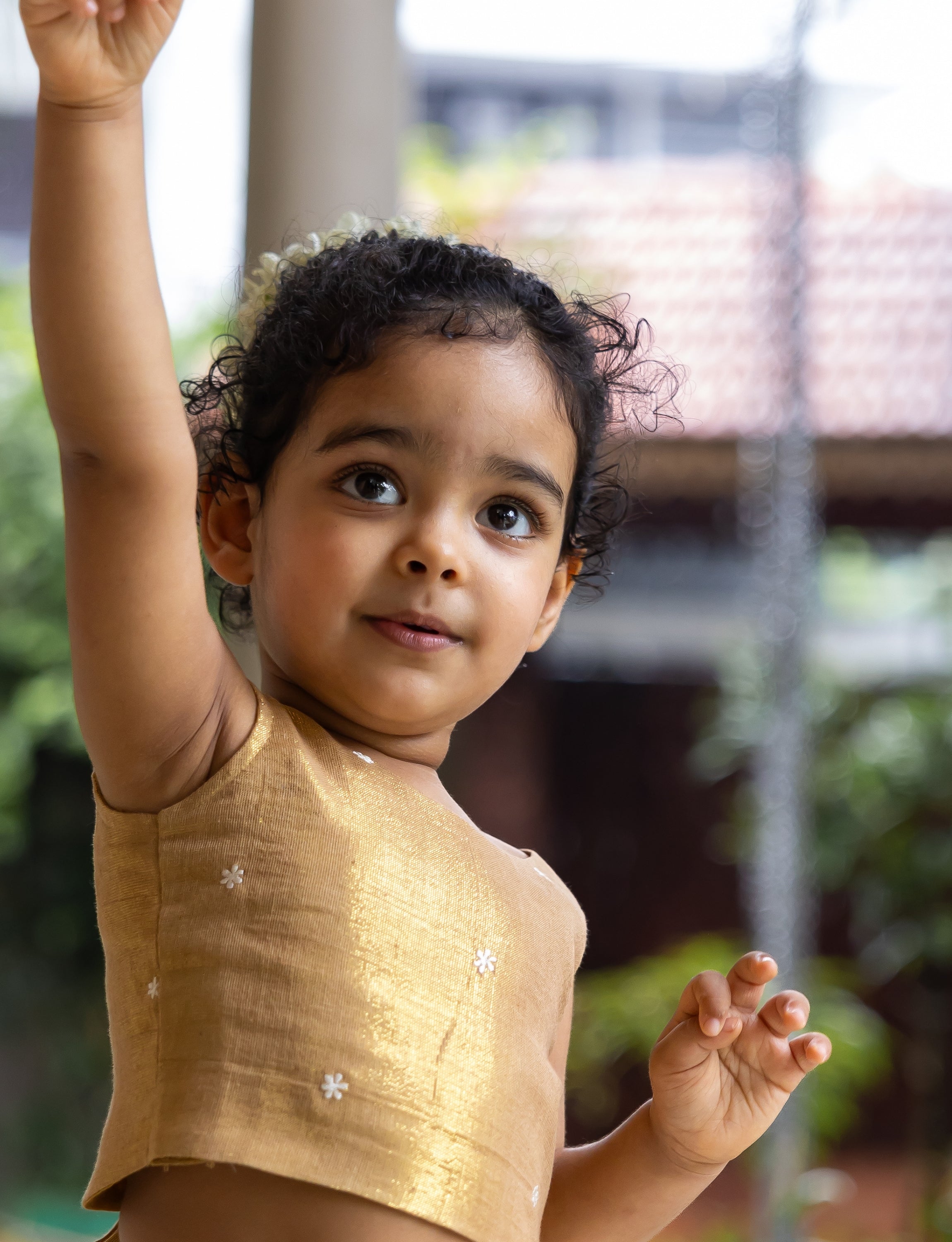 Golden Back-Tie Crop Top with Layered Skirt