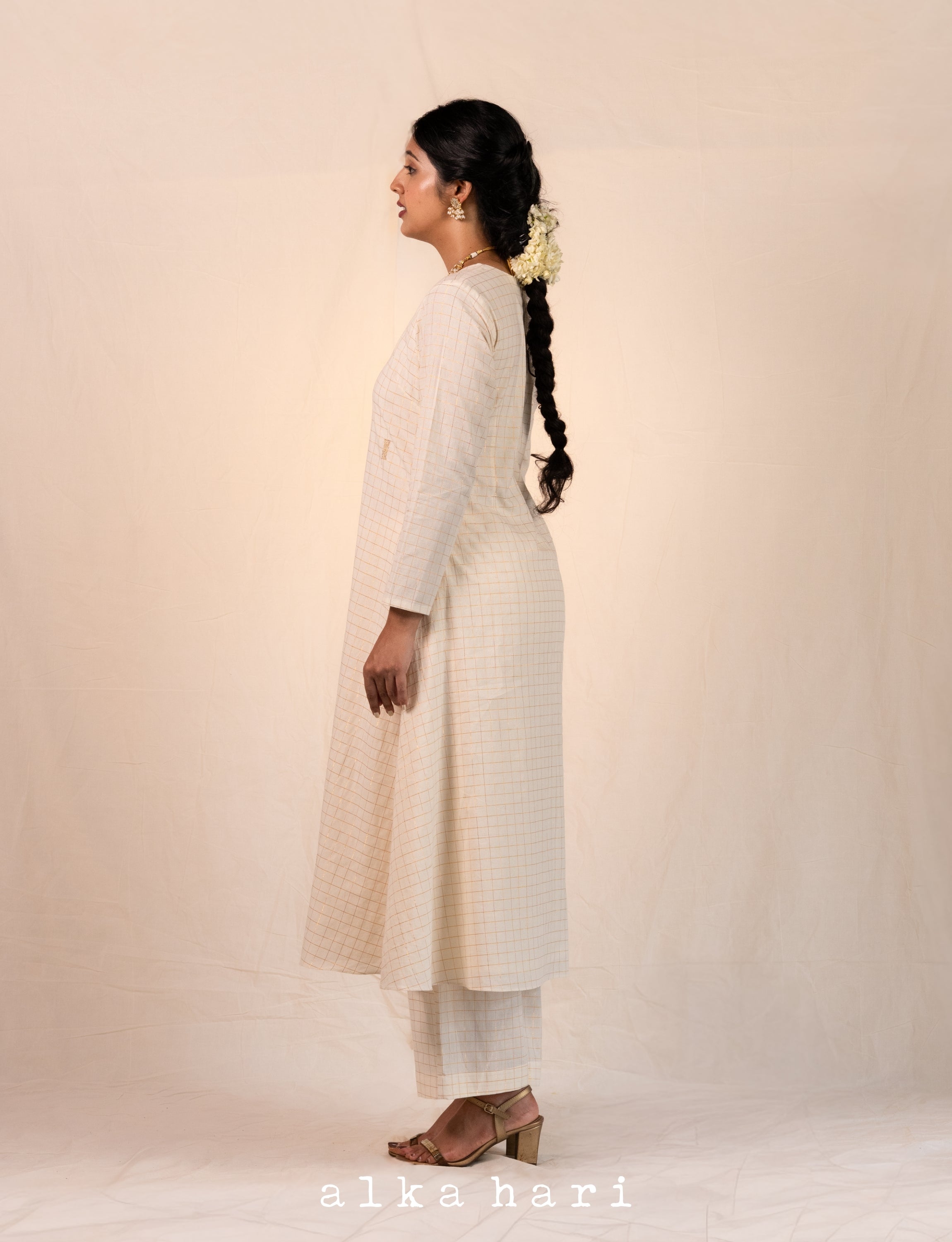 Off White Golden Checkered Anarkali