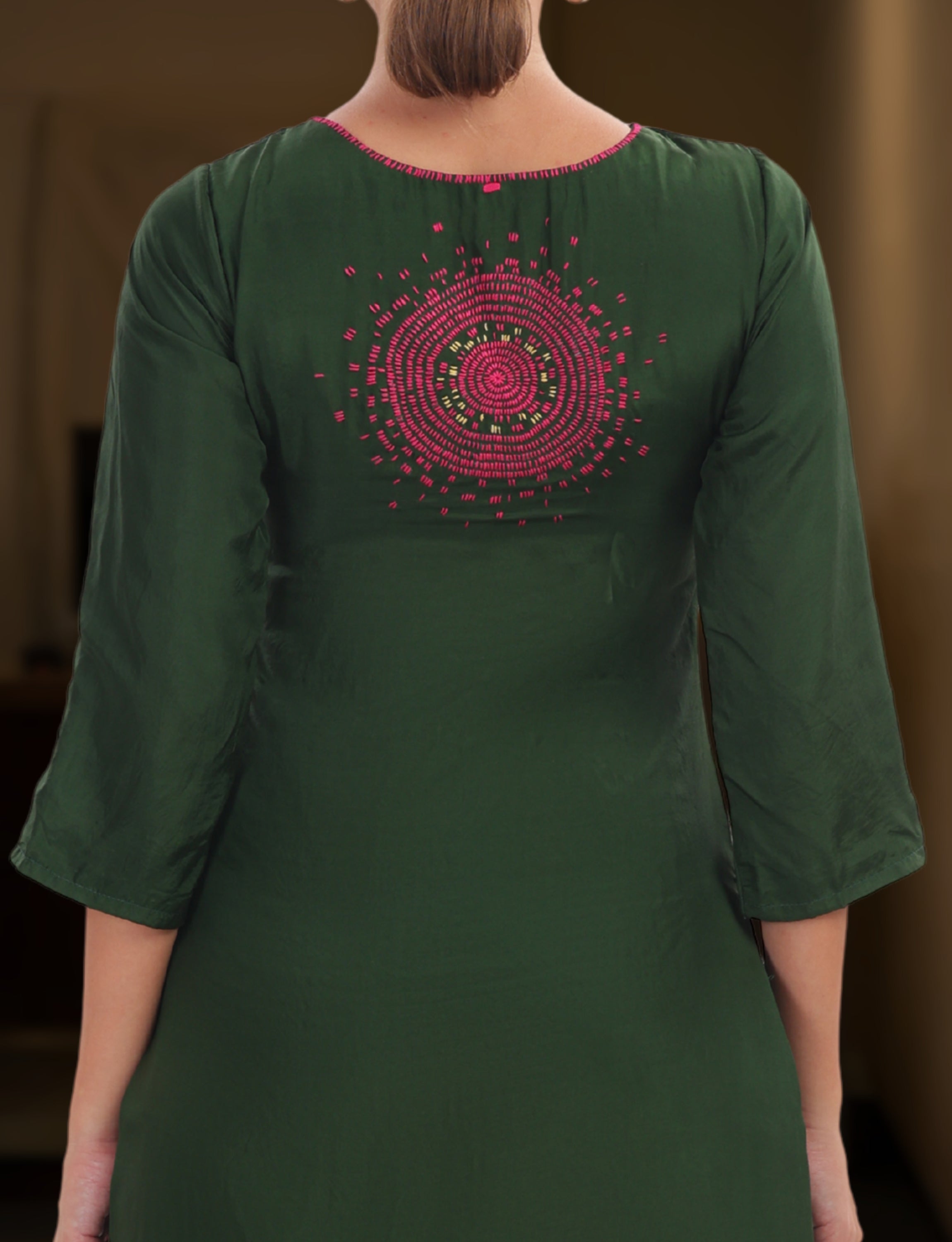 Dark Green Silk Embroidered Short Kurta