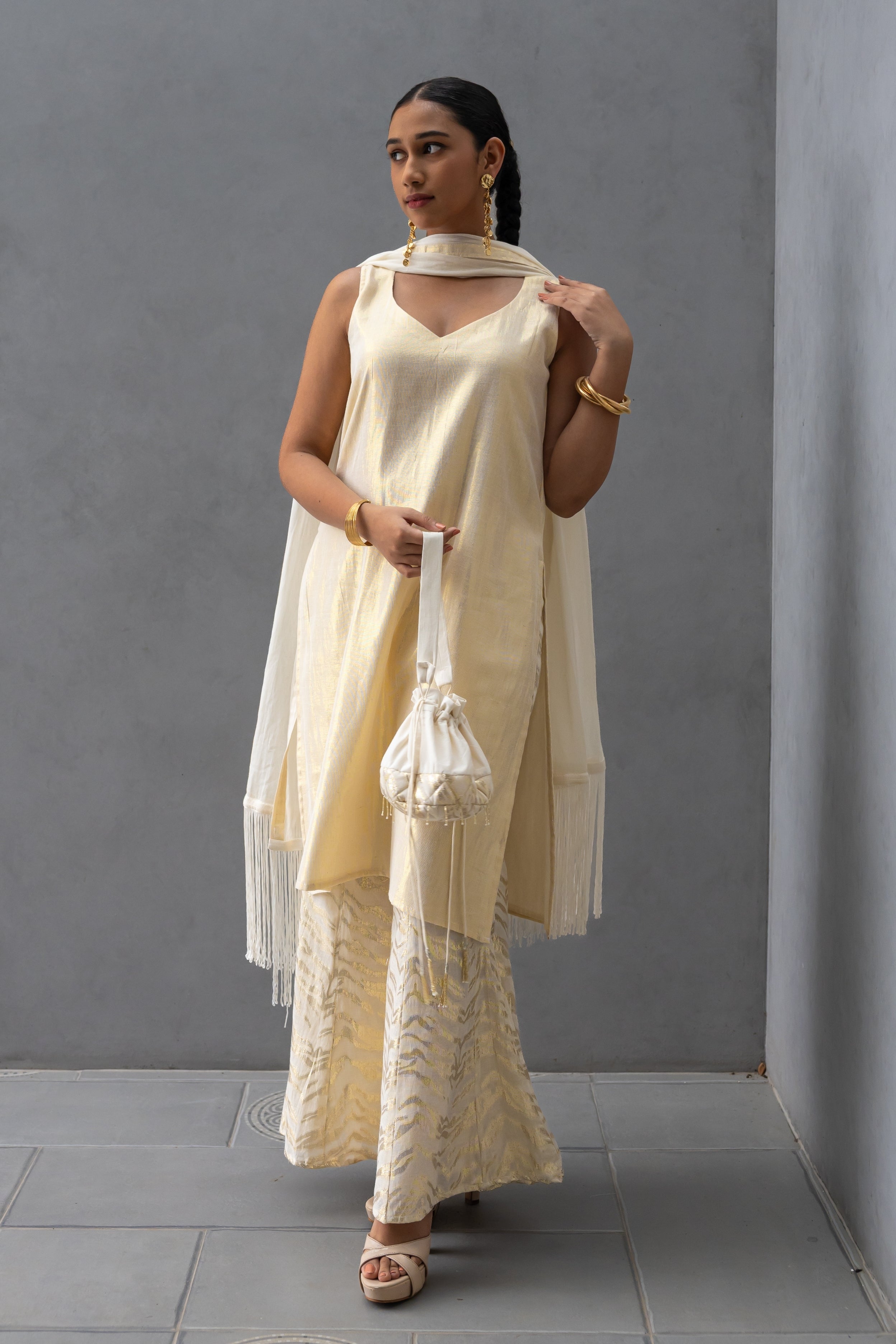 Golden Kurta with Fit and Flare Bottom