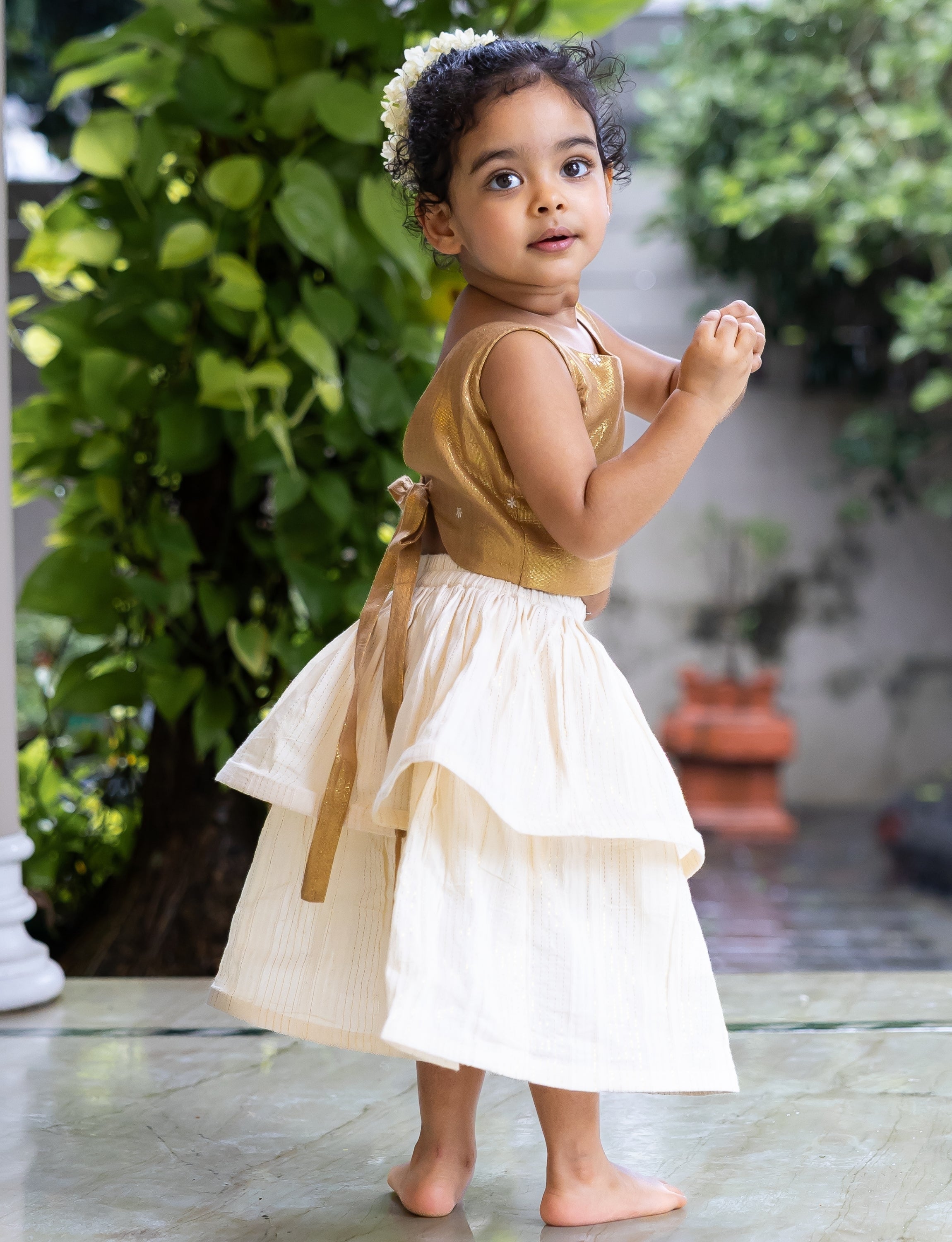 Golden Back-Tie Crop Top with Layered Skirt