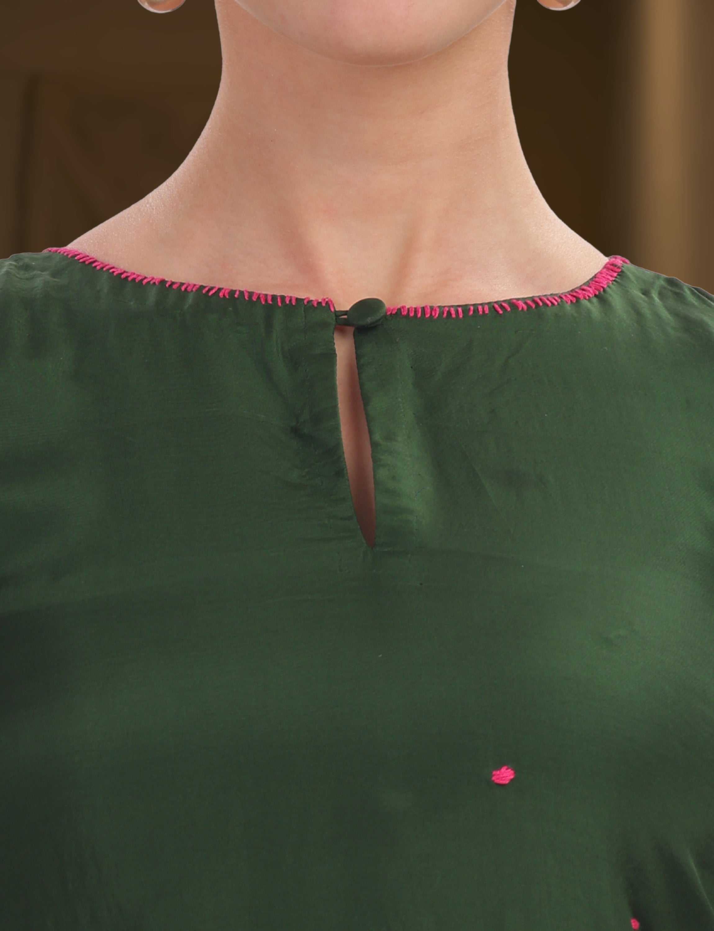 Dark Green Silk Embroidered Short Kurta