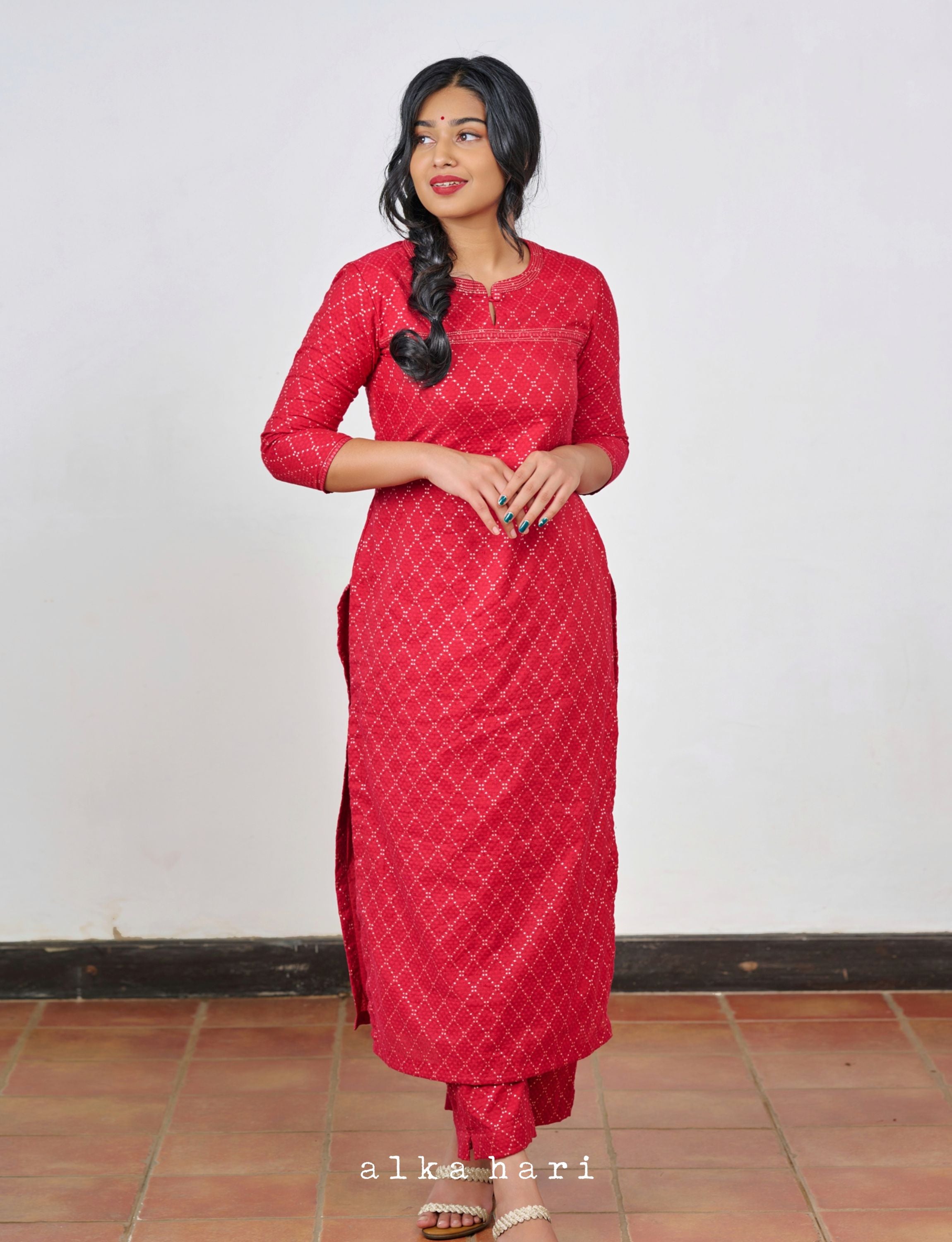 Red Printed Chanderi Silk Kurta