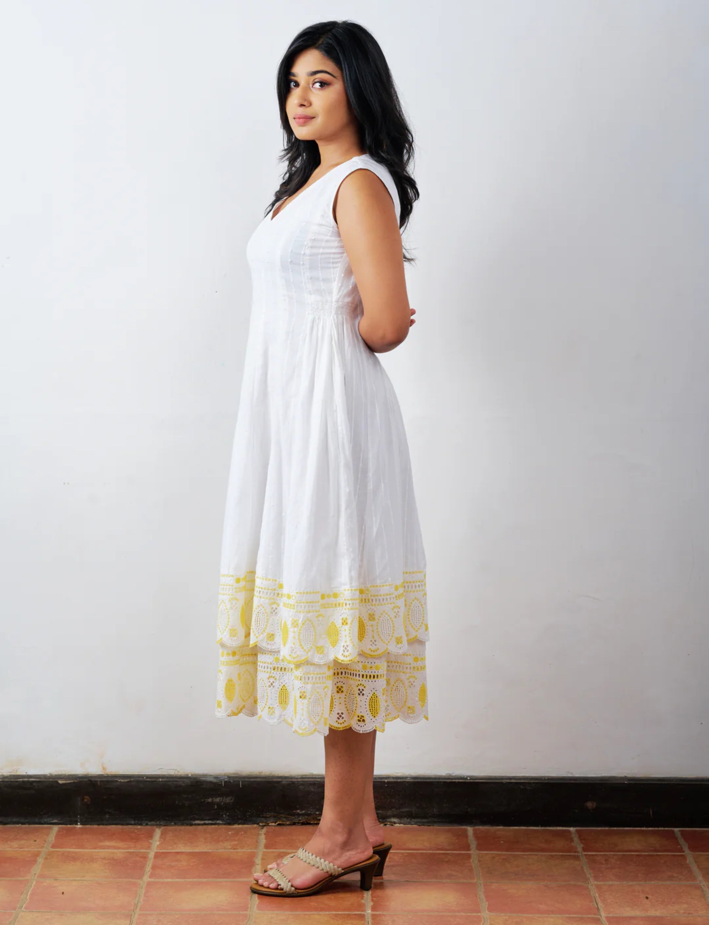 White and Yellow Cutwork Dress