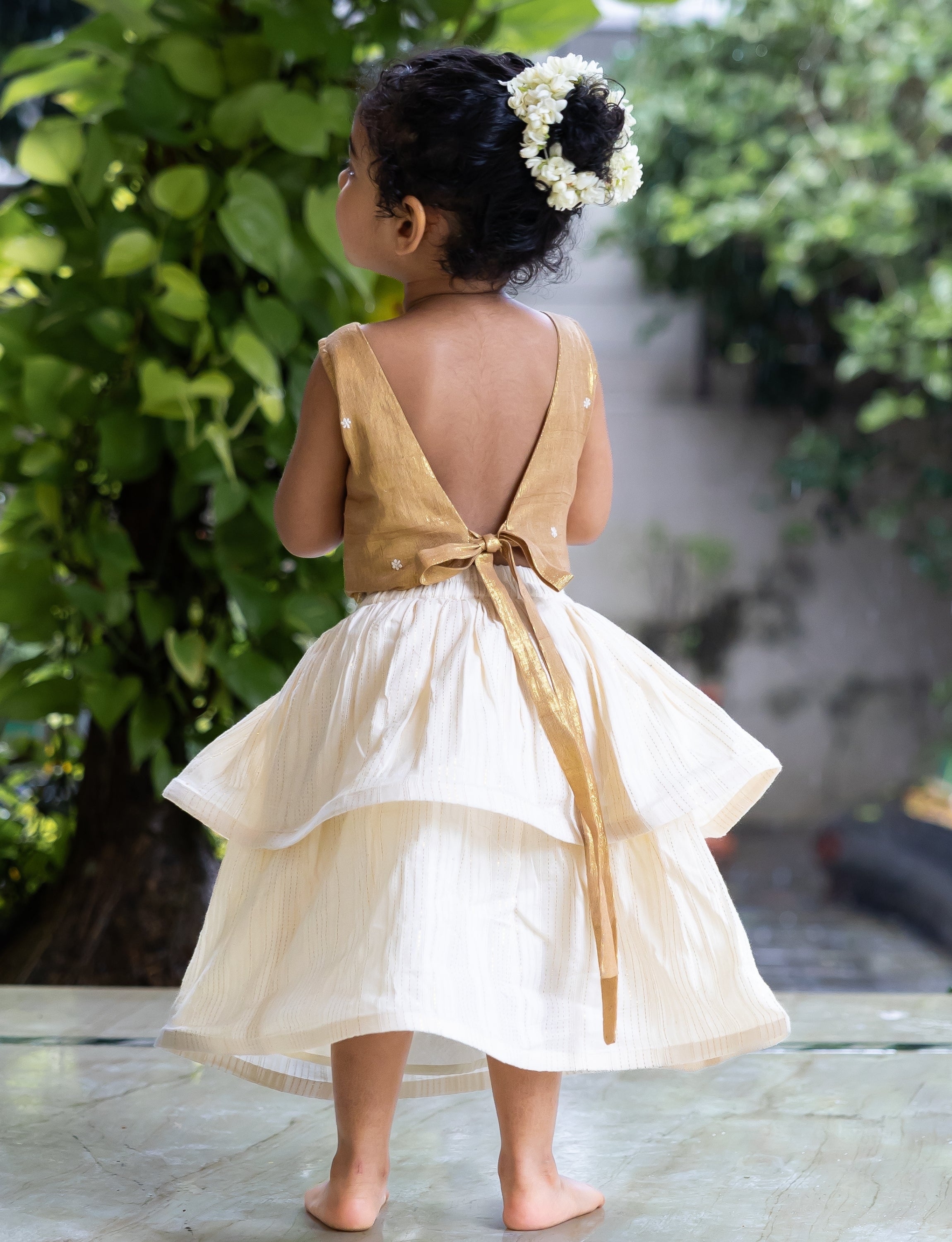 Golden Back-Tie Crop Top with Layered Skirt