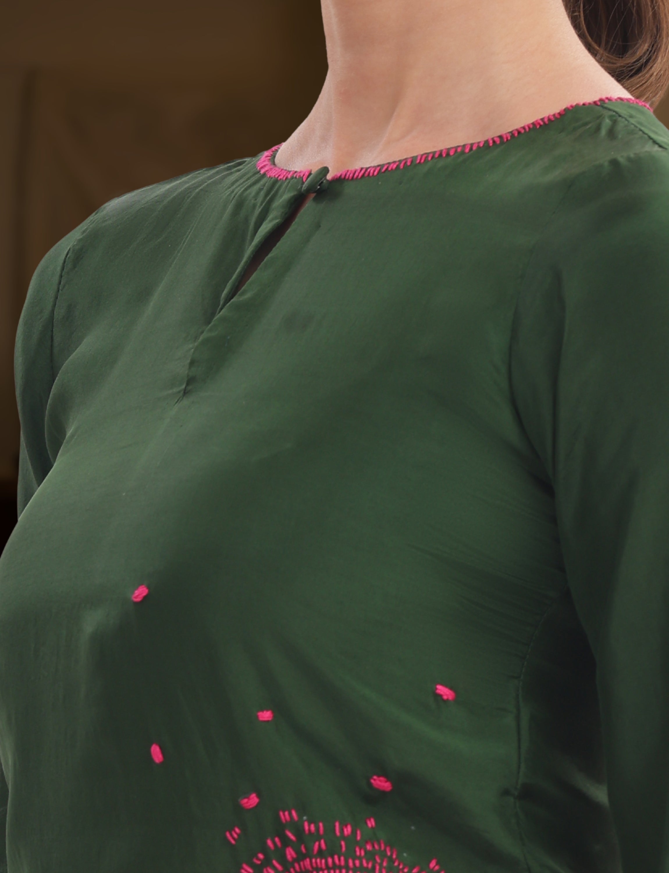 Dark Green Silk Embroidered Short Kurta