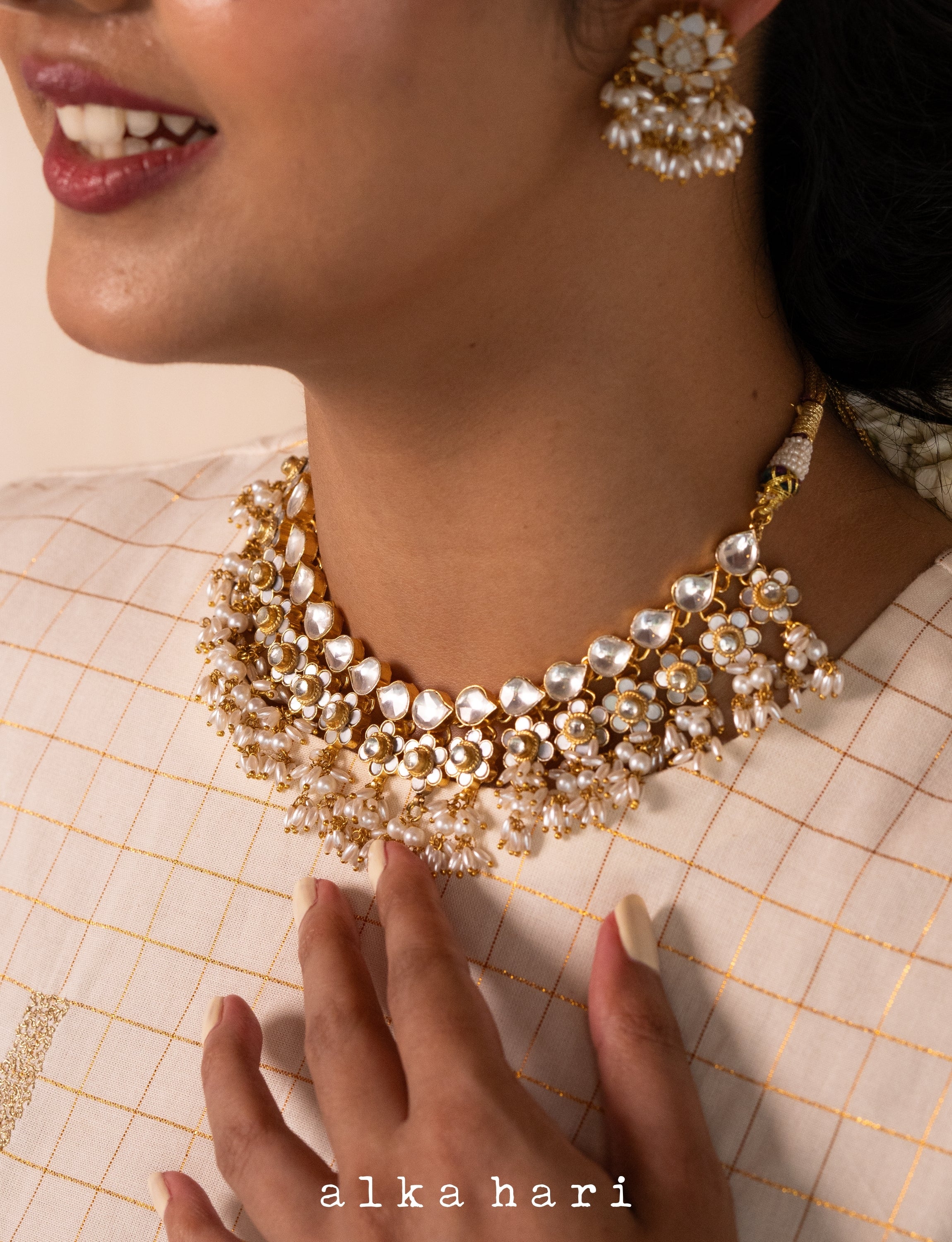 Off White Golden Checkered Anarkali