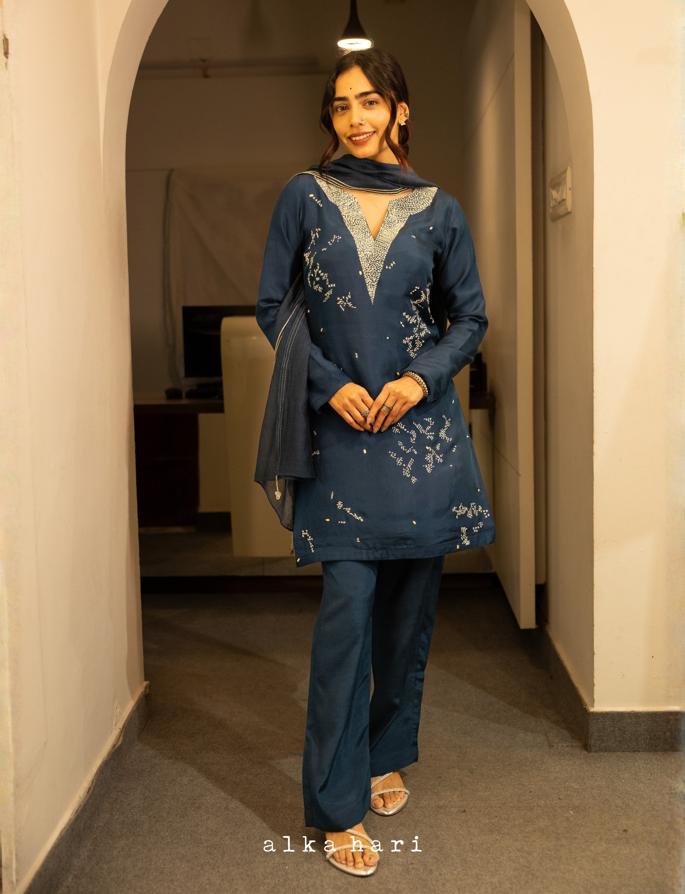 Indigo Silk Embroidered Short Kurta