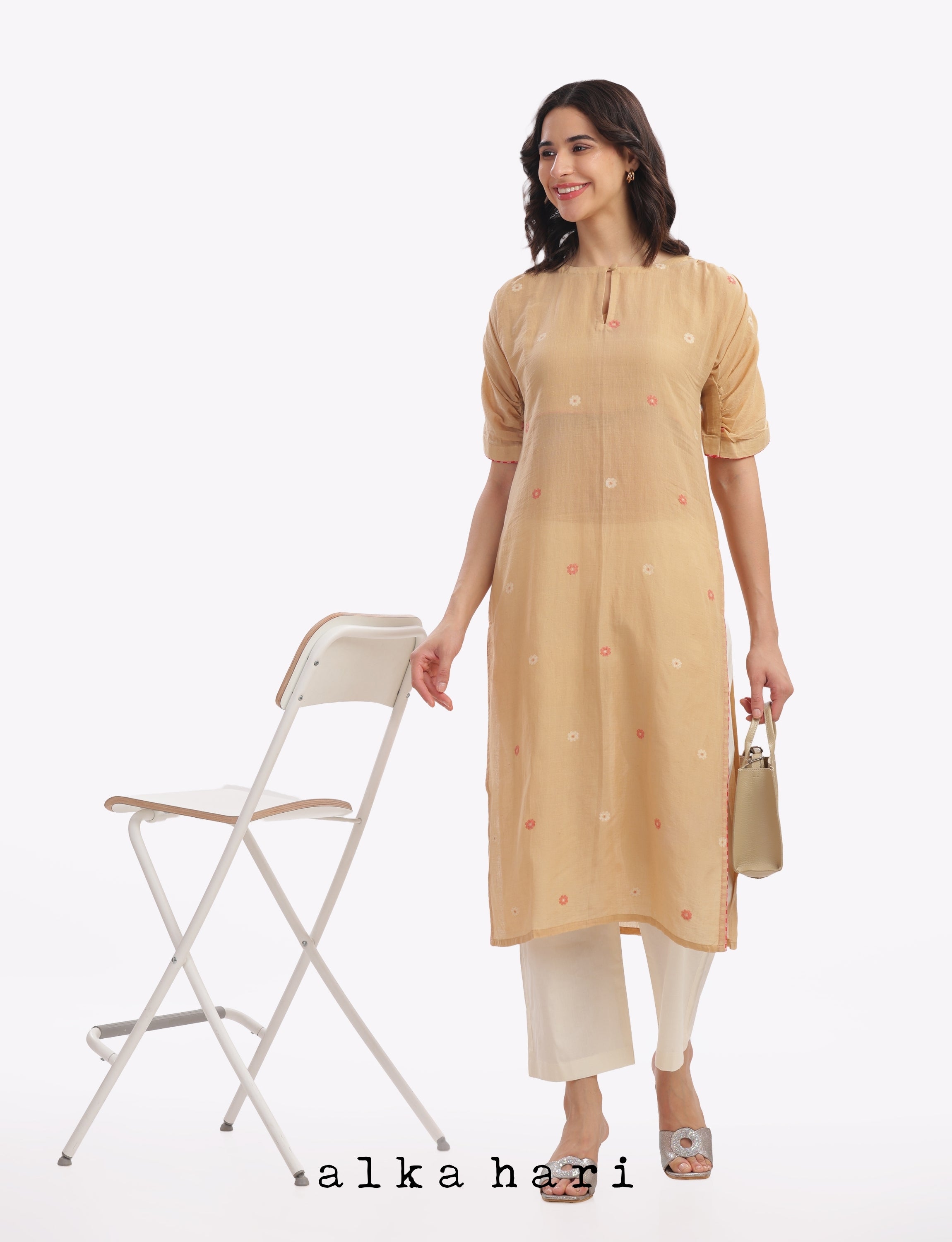 Beige Kurta with Gathered Sleeve
