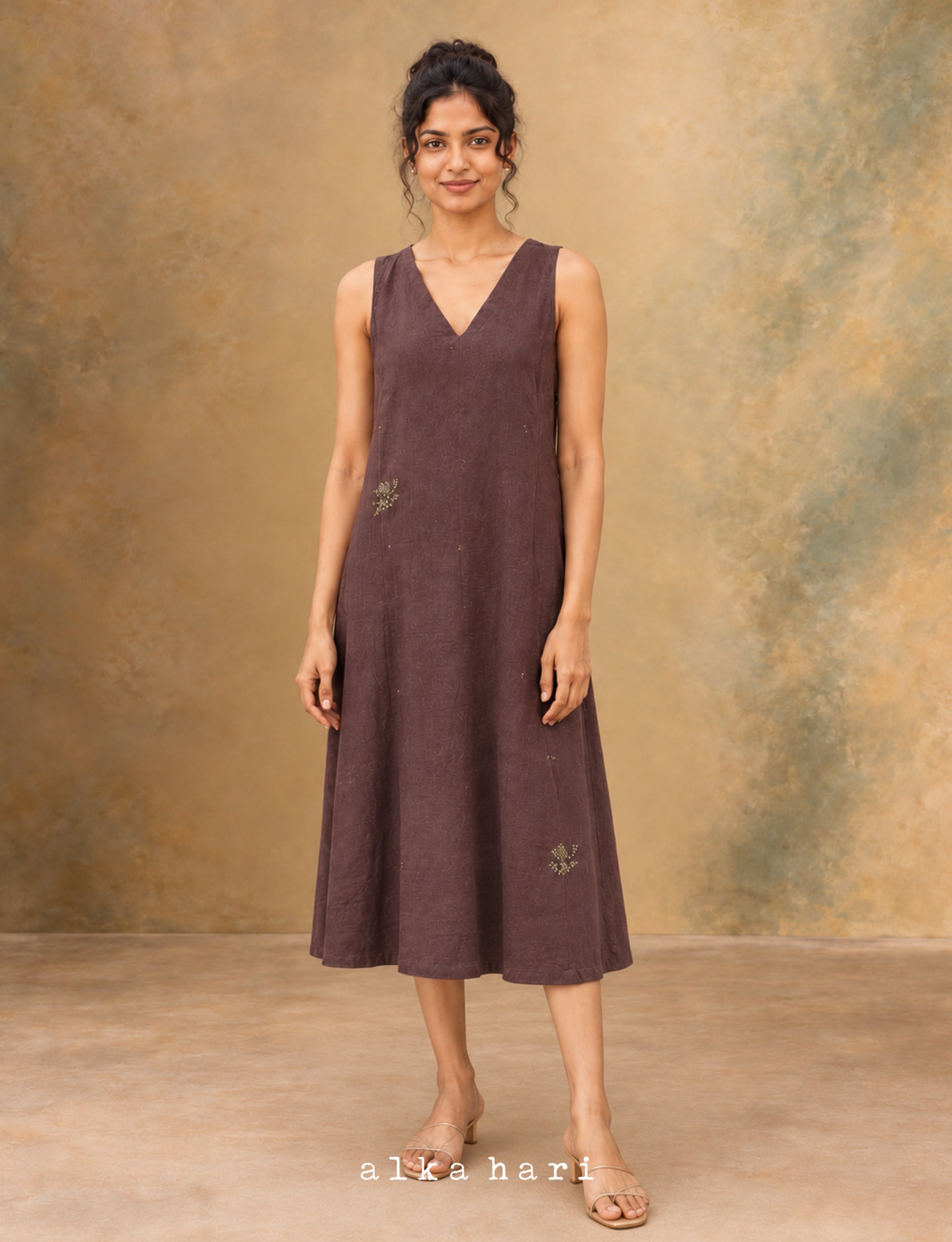 Brown Embroidered Linen Dress