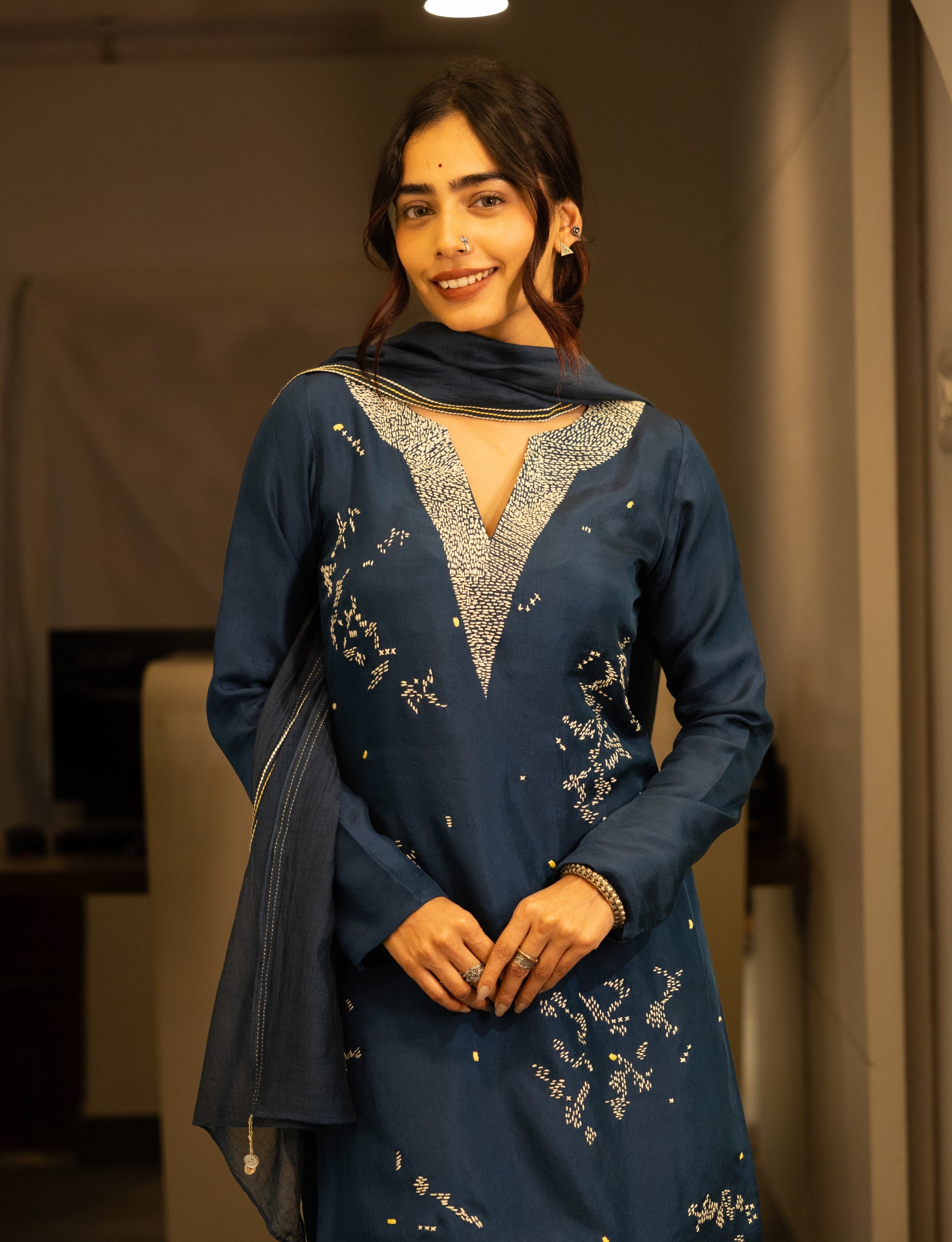 Indigo Silk Embroidered Short Kurta