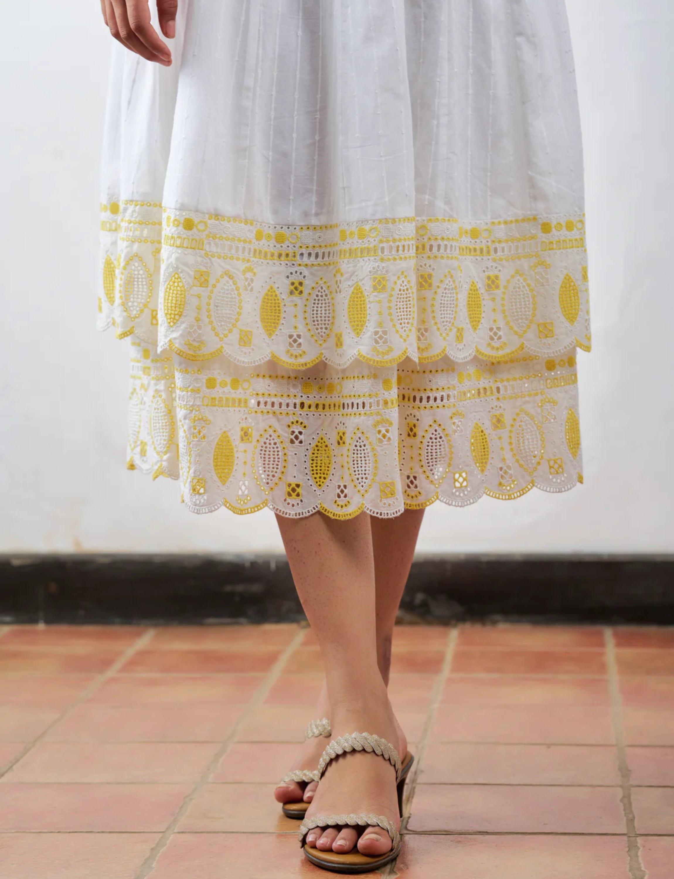 White and Yellow Cutwork Dress