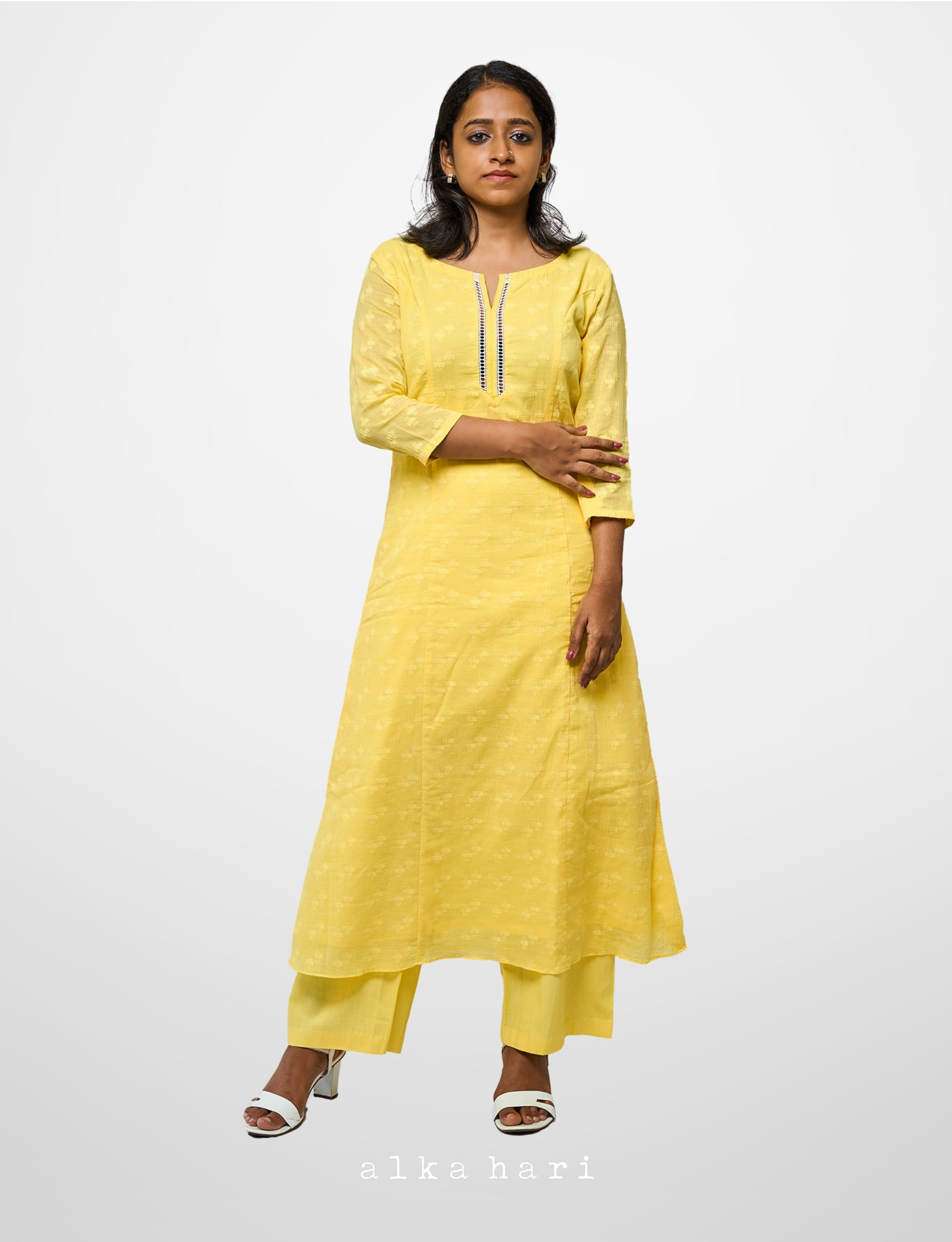 Yellow anarkali with lace details set