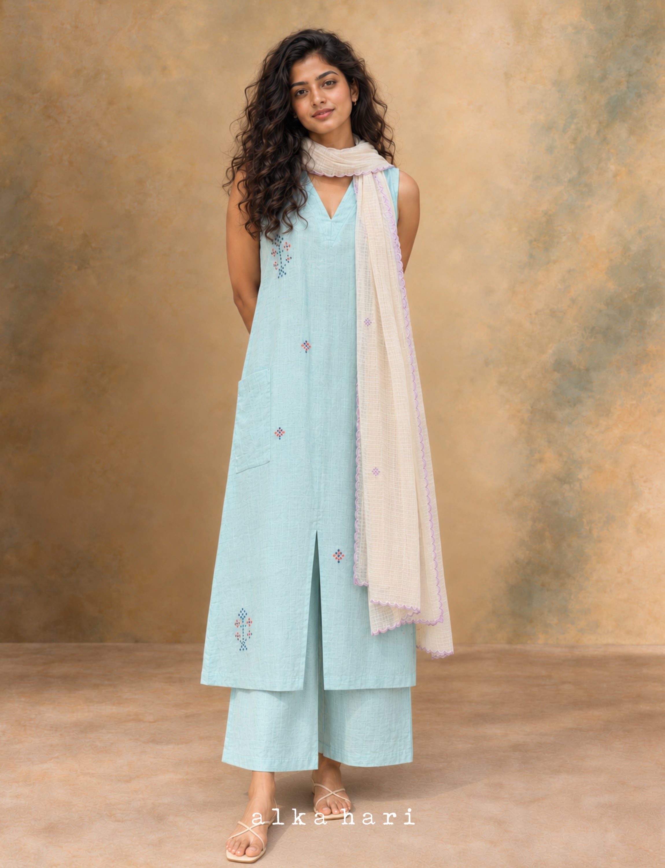 Pastel Blue Embroidered Kurta with Pockets