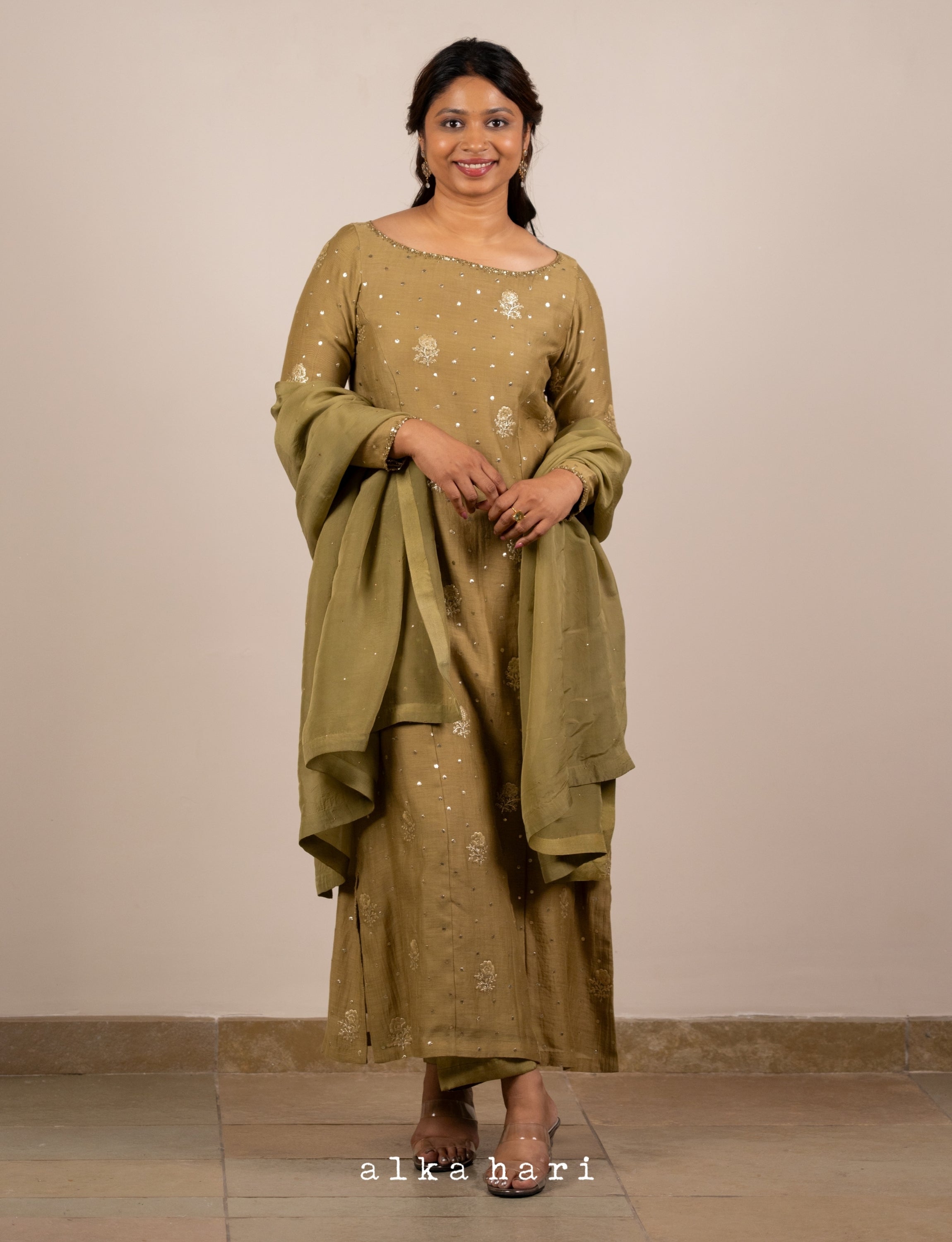 Olive Green Golden Embroidered Chanderi Kurta