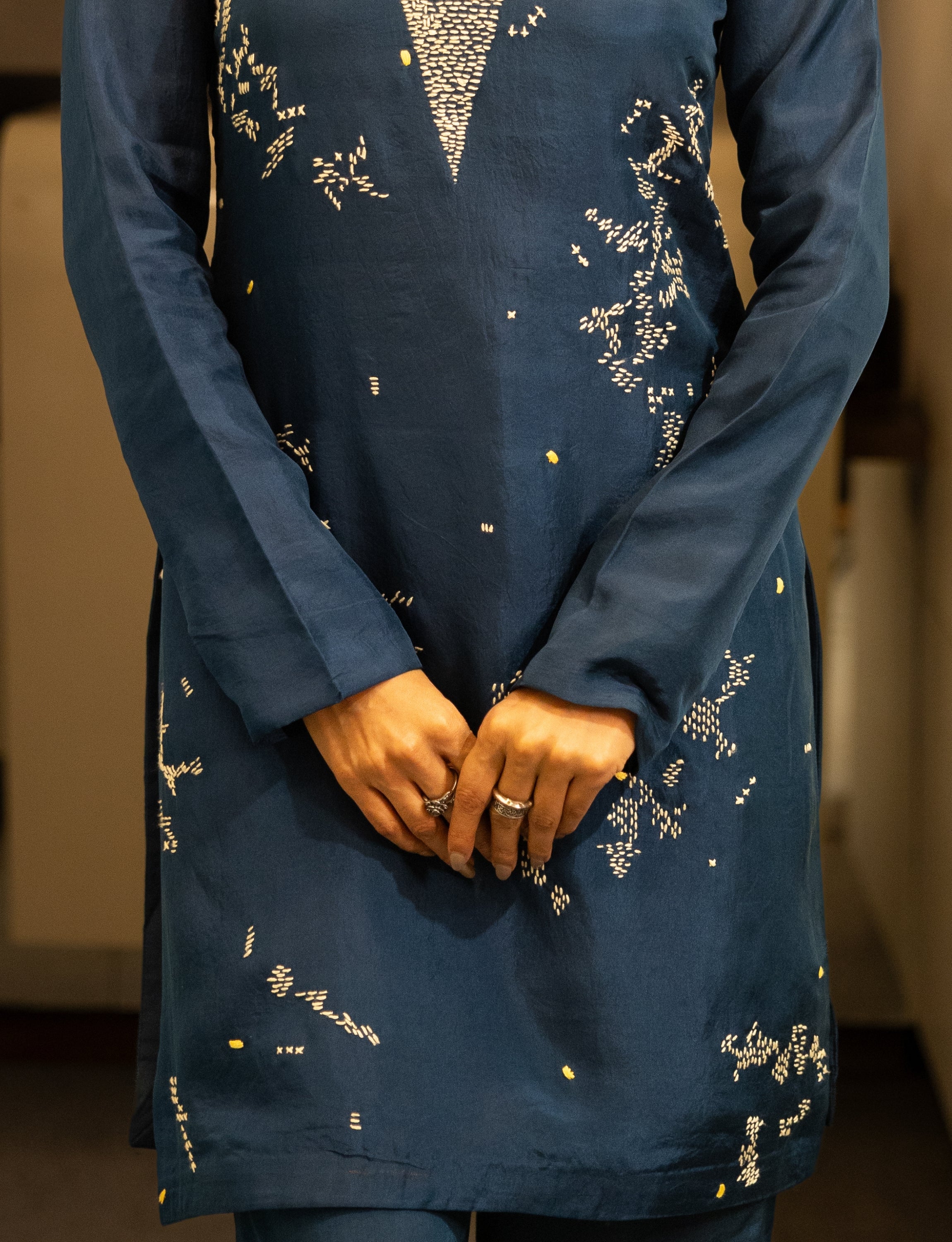 Indigo Silk Embroidered Short Kurta