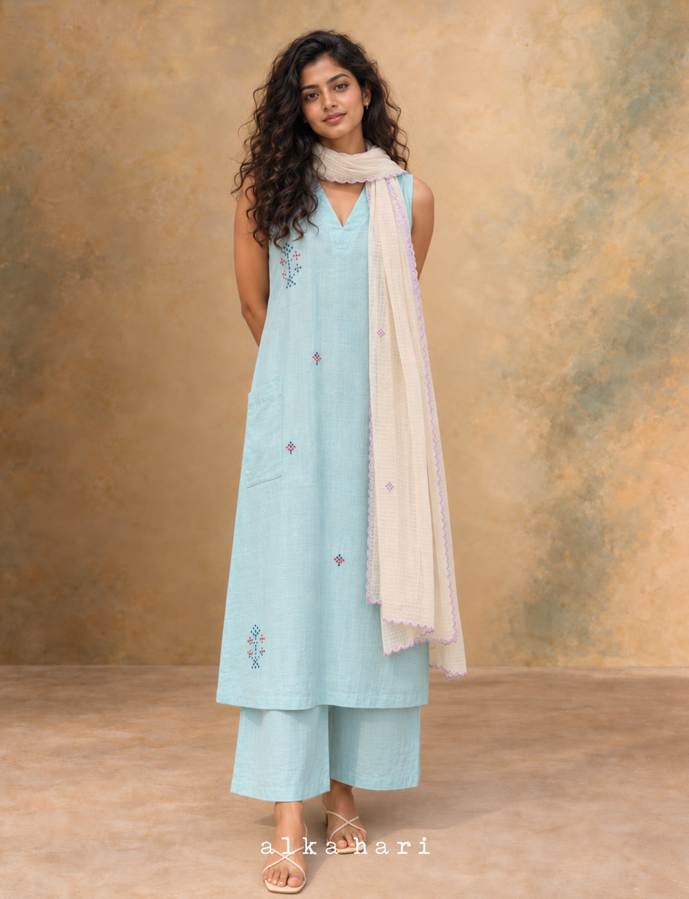Pastel Blue Embroidered Kurta with Pockets