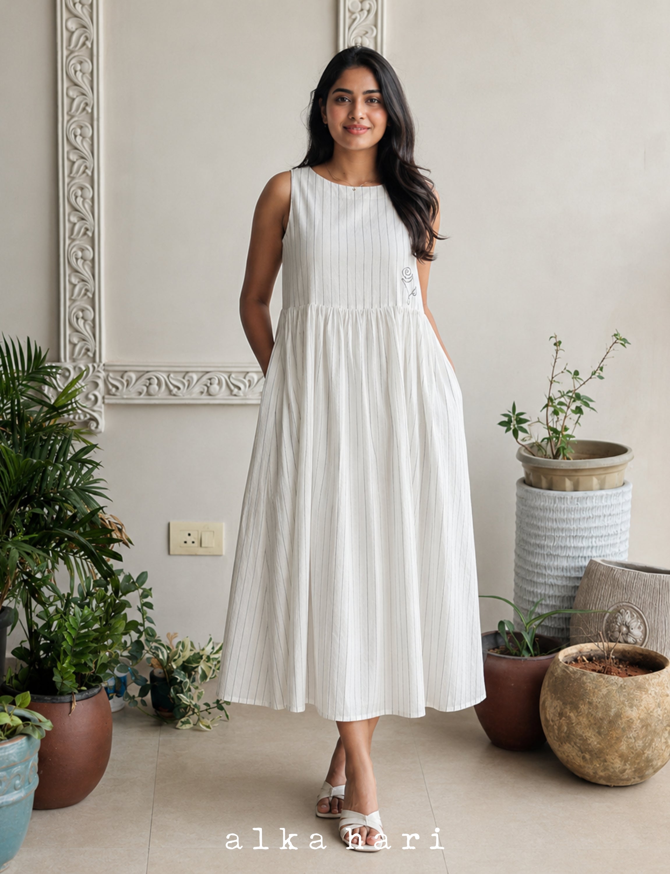 White Handloom Gathered Dress with Floral Embroidery