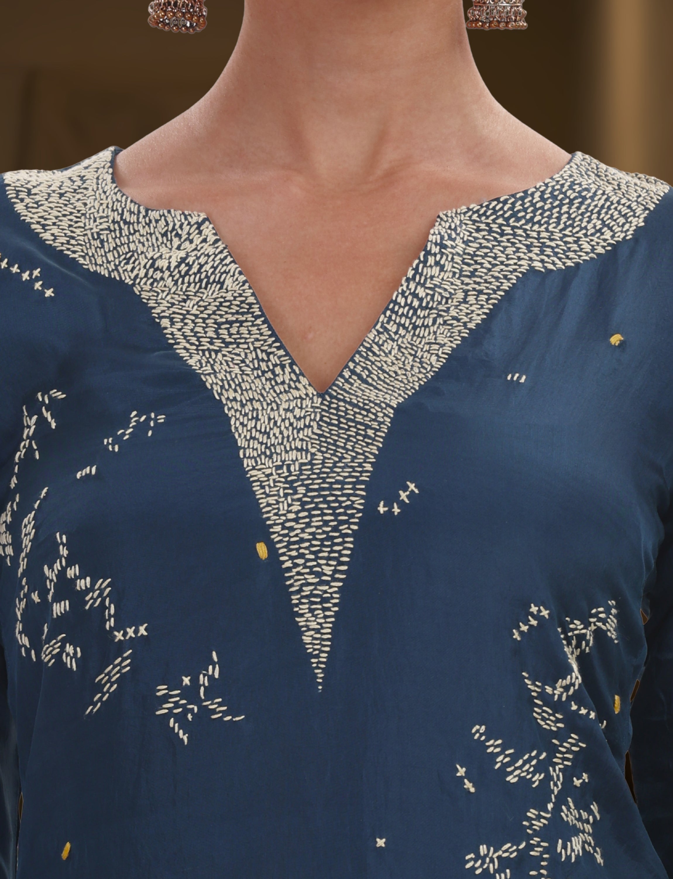 Indigo Silk Embroidered Short Kurta