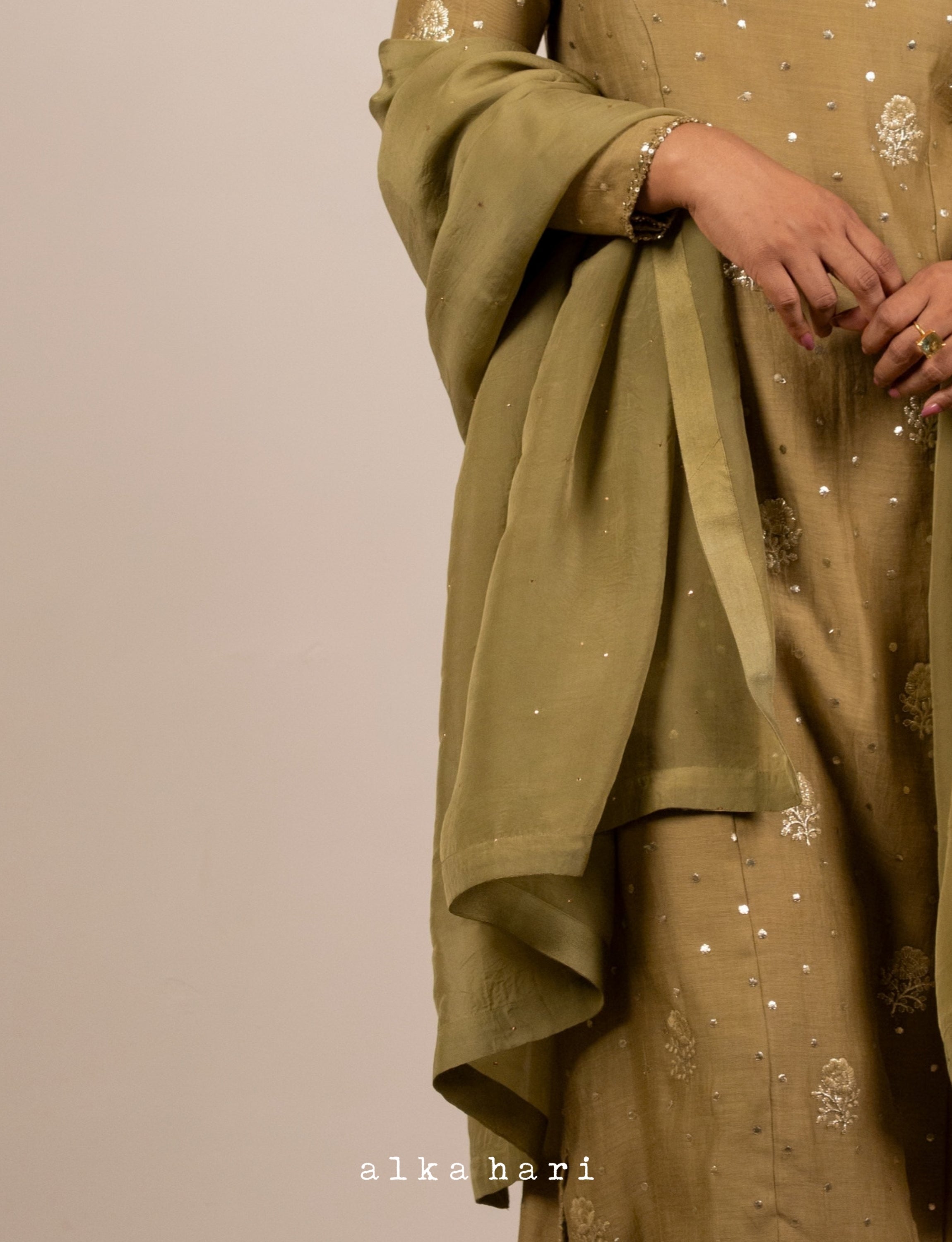 Olive Green Organza Dupatta with Mukaish Work