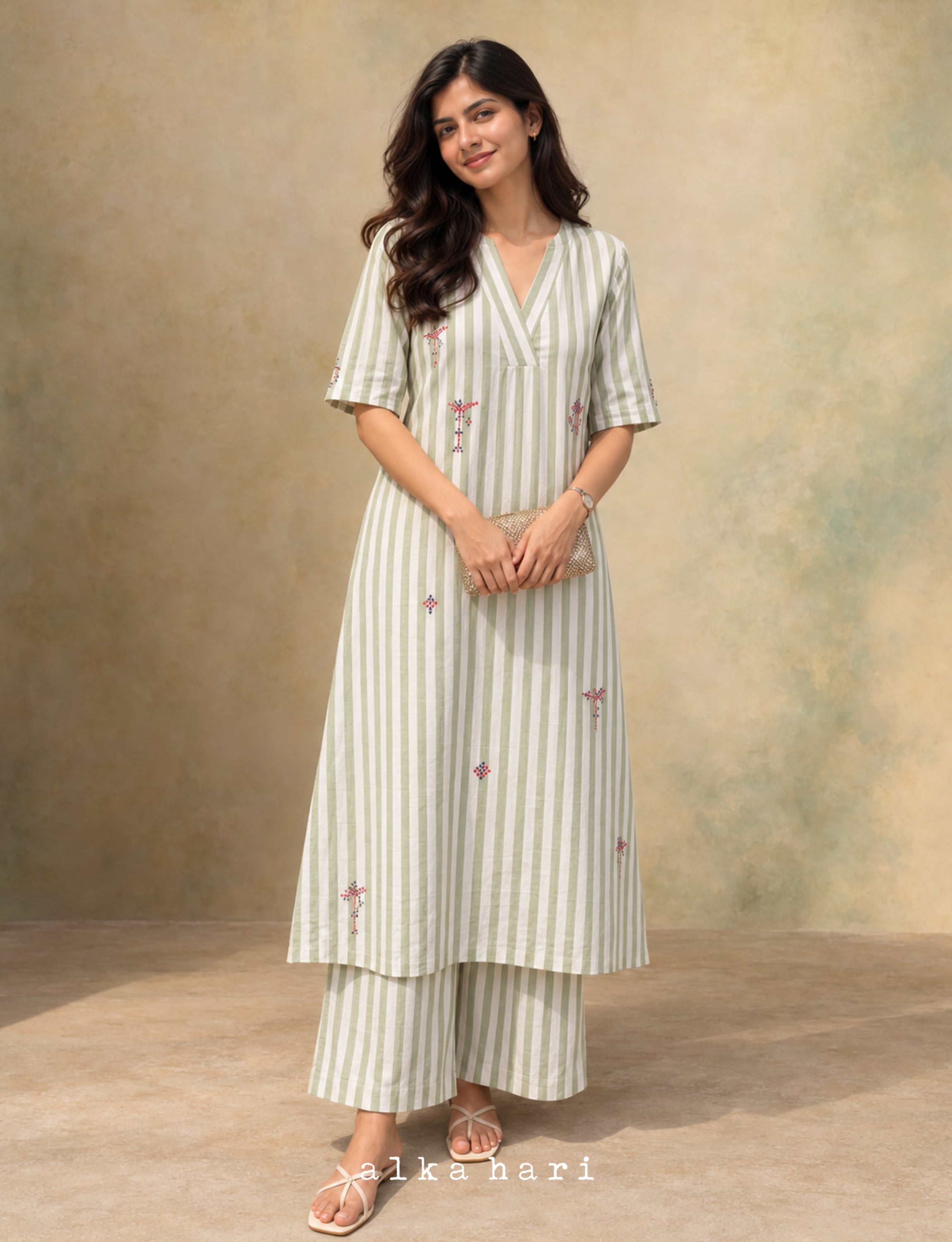 Green Stripped Embroidered Linen Kurta
