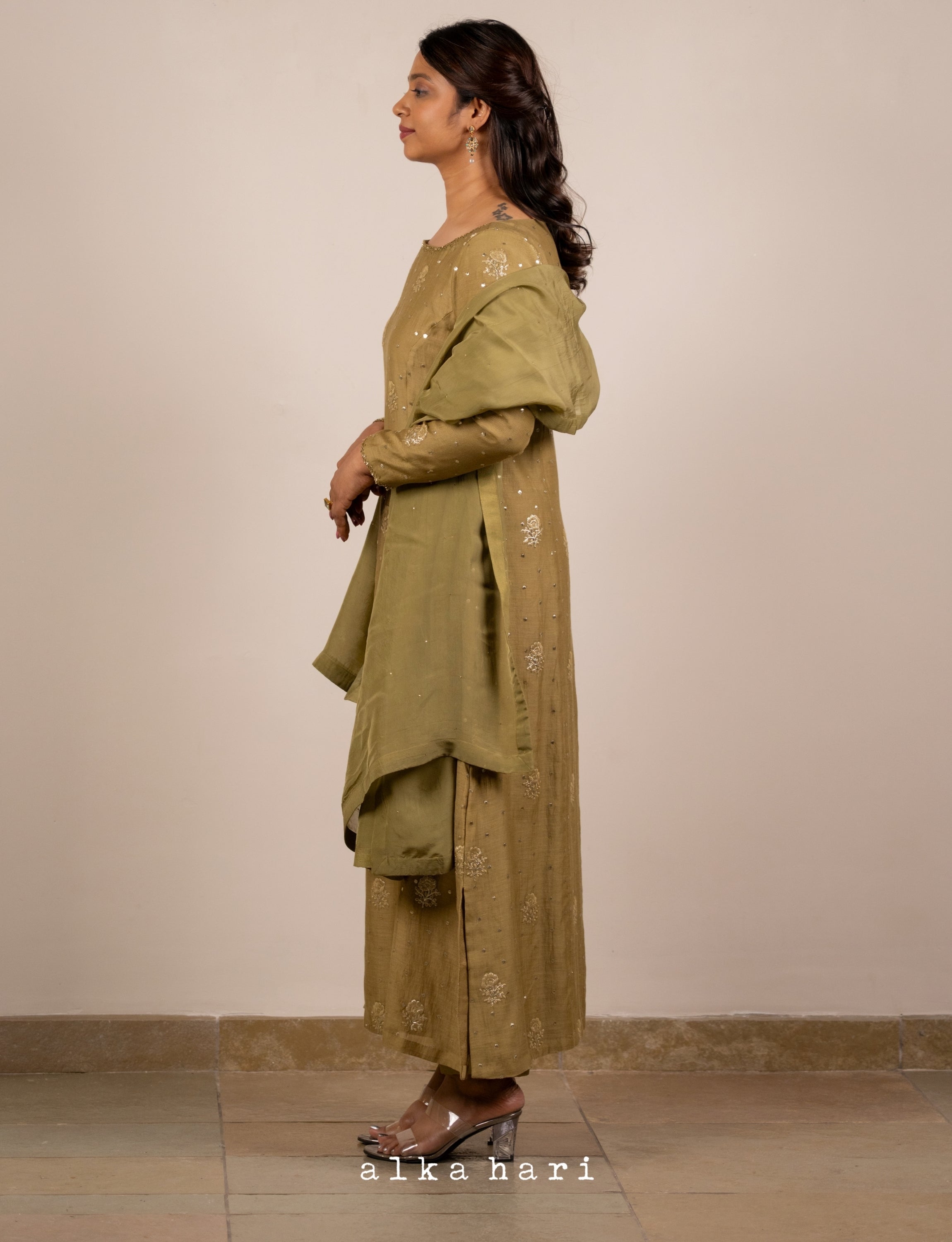 Olive Green Golden Embroidered Chanderi Kurta