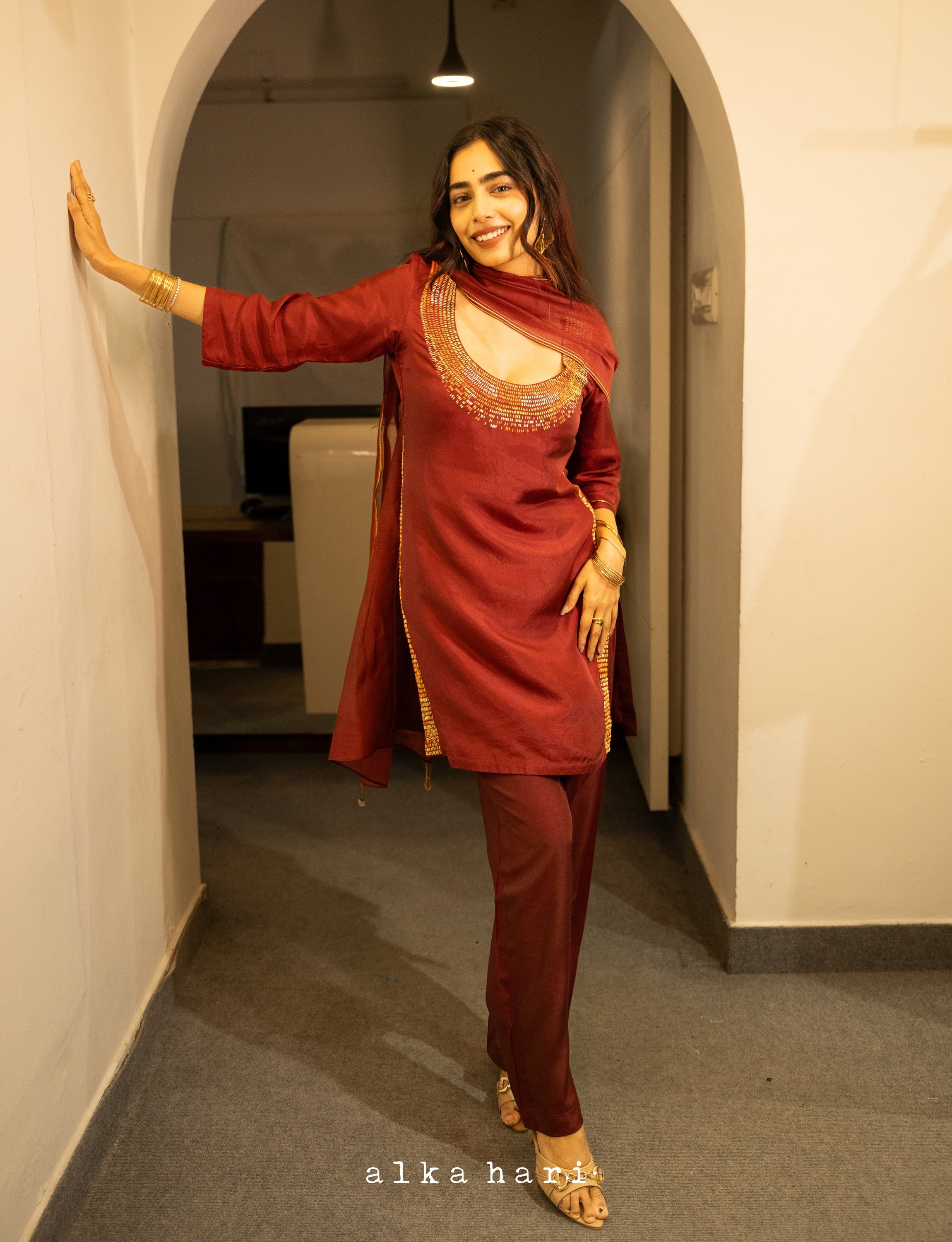Red Silk Embroidered Short Kurta