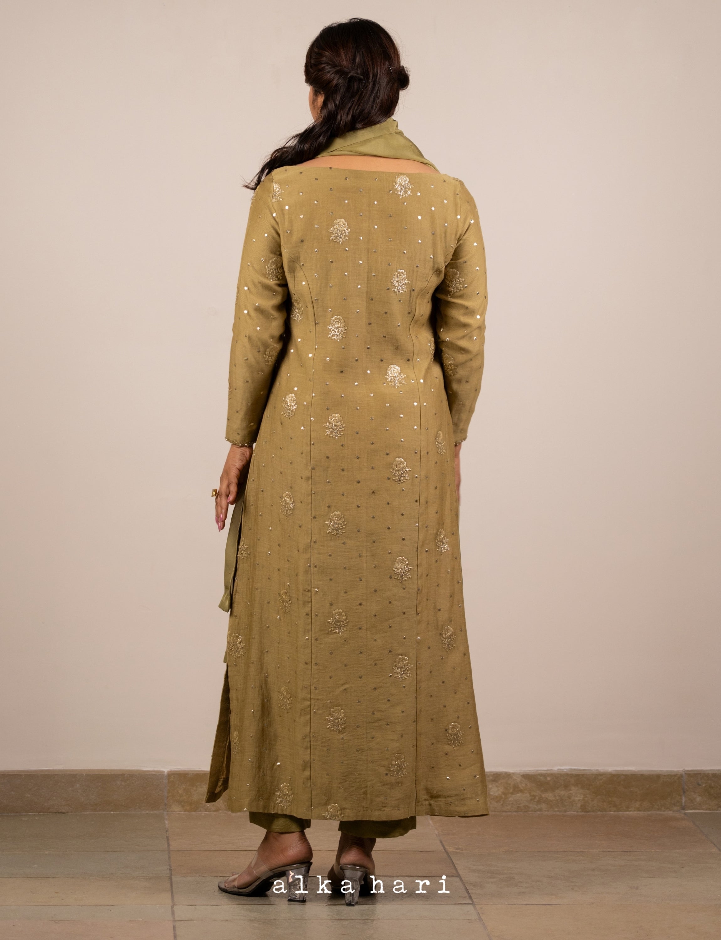 Olive Green Golden Embroidered Chanderi Kurta