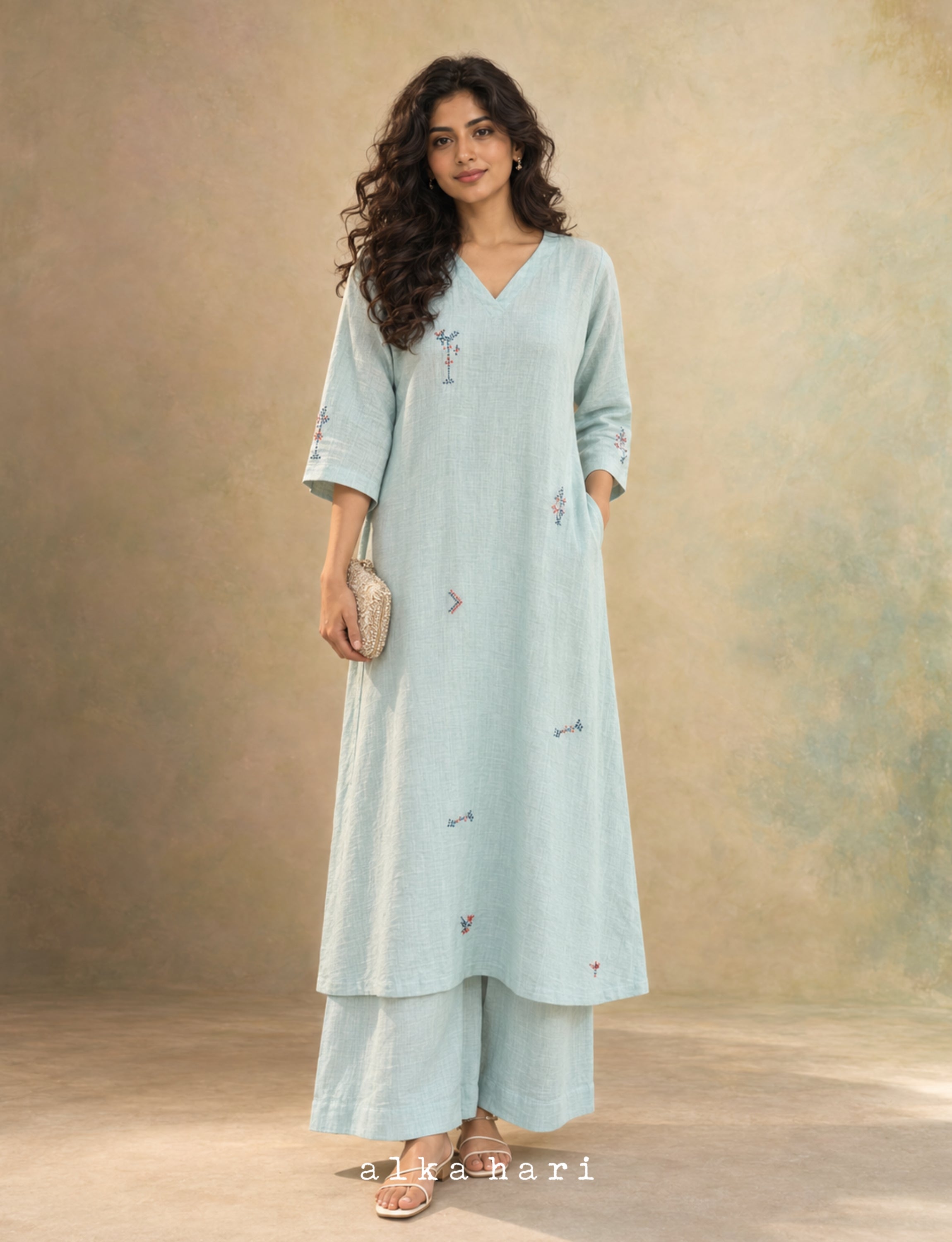 Pastel Blue Embroidered Linen Kurta