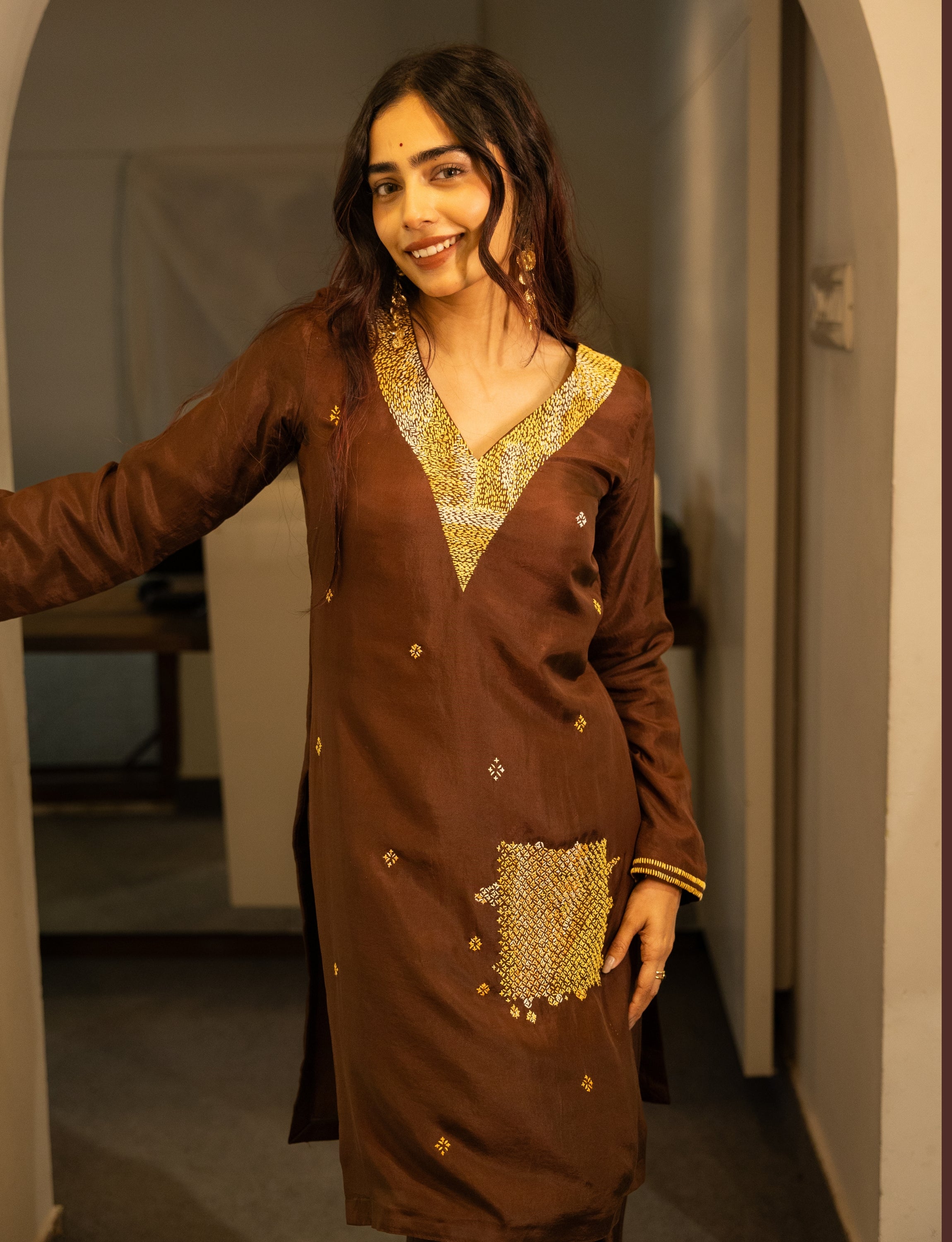 Brown Silk Embroidered Short Kurta