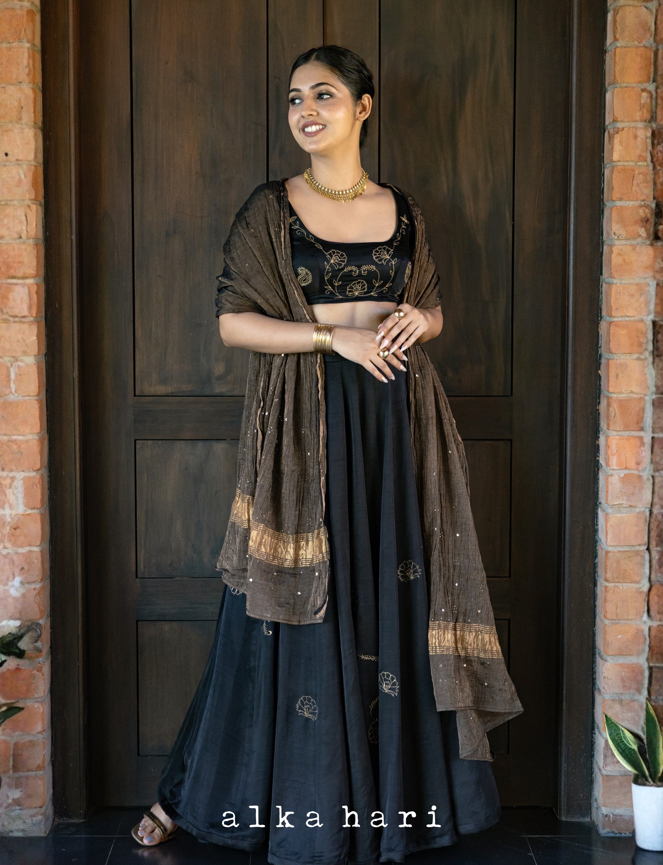 Black and Gold Embroidered Lehenga Set